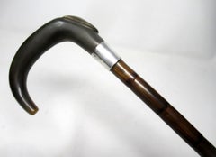 Partridge Wood Walking Stick Cane Horn Crook Handle Sterling Silver Collar 1900