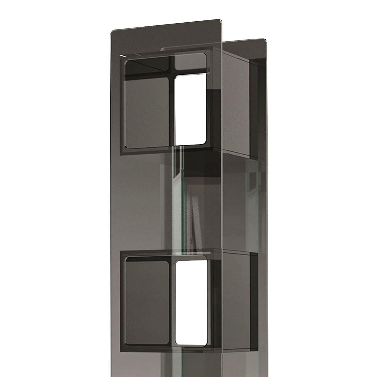 Bookcase Parts square glass with structure in welded smoked
glass, 10mm thickness. With 3 cubes in welded blackened glass,
10mm thickness.
Also available with welded clear glass structure, 10mm thickness.
With 3 cubes in welded smocked glass, 10mm