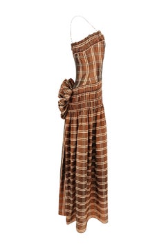 Robe de soirée à taille basse en taffetas à carreaux marron des années 1940, de la marque Party Lines by Domb