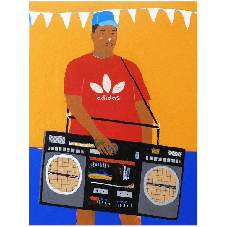 Modern 'Party Piece' Portrait Painting by Alan Fears Pop Art Boombox For Sale