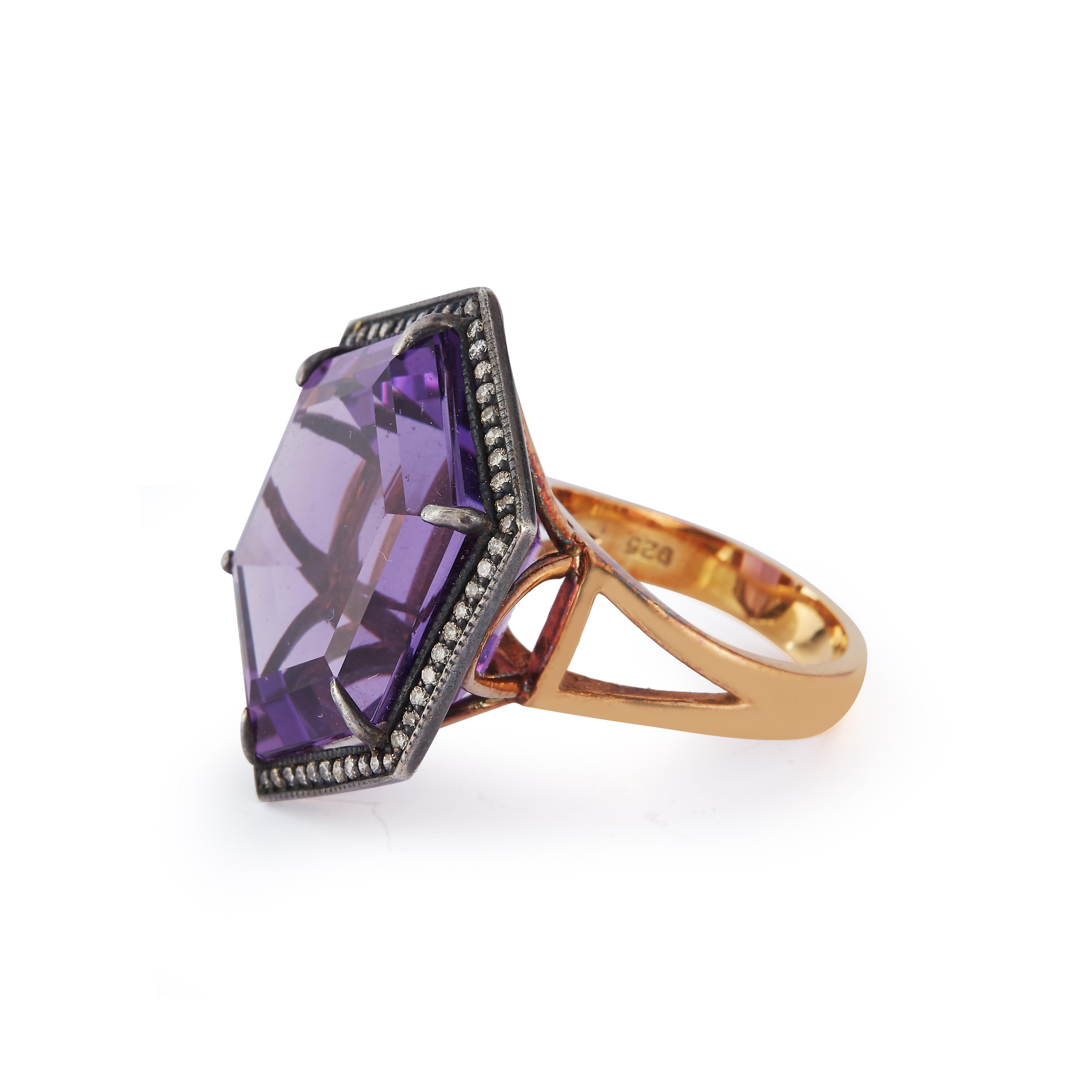 Parulina Couture Fine Jewelry -  From the Sovereign Collection this ring features a 32.15ct Amethyst surrounded by 0.45ct of sparkling Diamonds. Set in 18K Yellow Gold.
Size 6

Metal: 18K Yellow Gold
Gemstone Carat Weight: 32.15ct Amethyst
Diamond