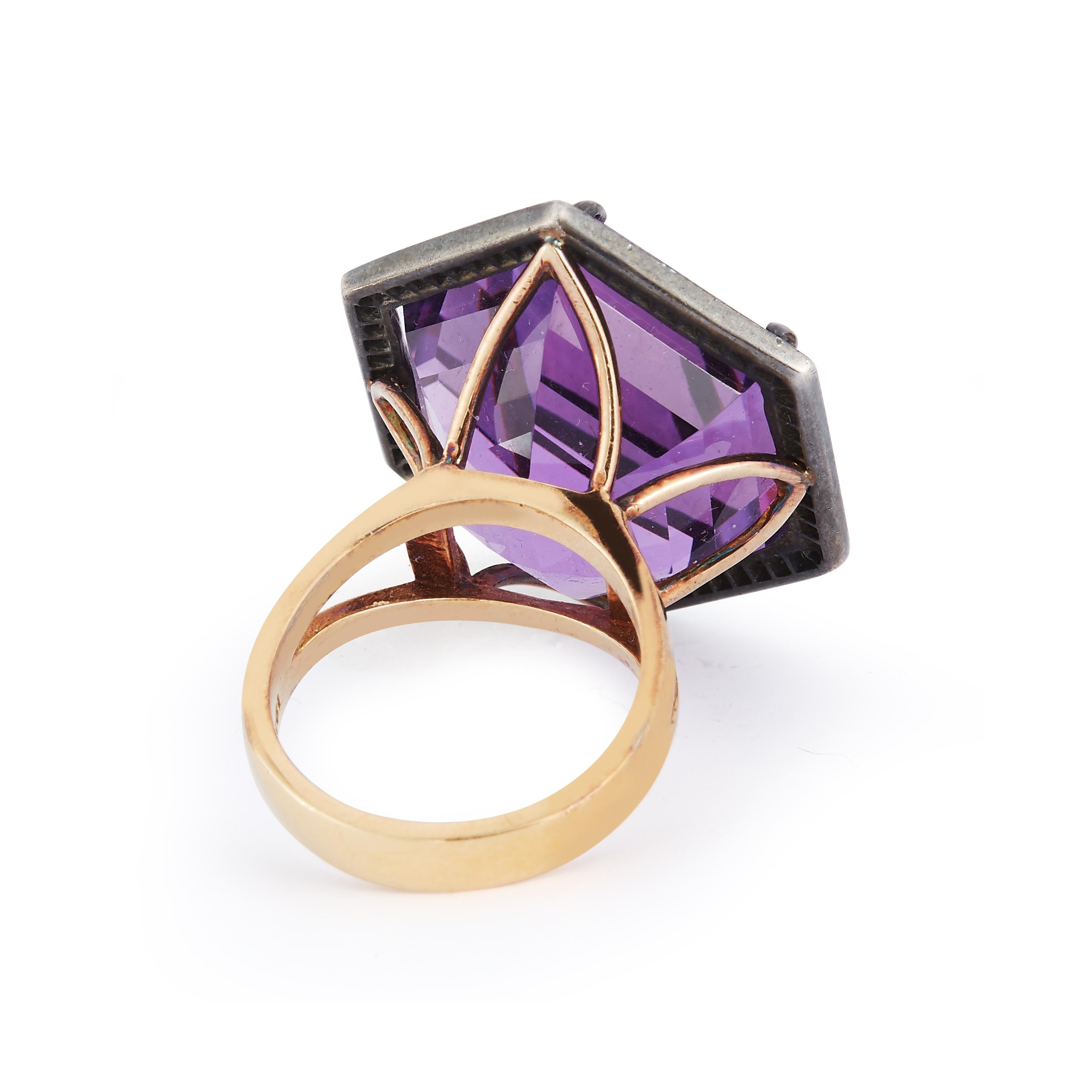 Hexagon Cut Parulina Amethyst and Diamond Ring in 18K Yellow Gold For Sale