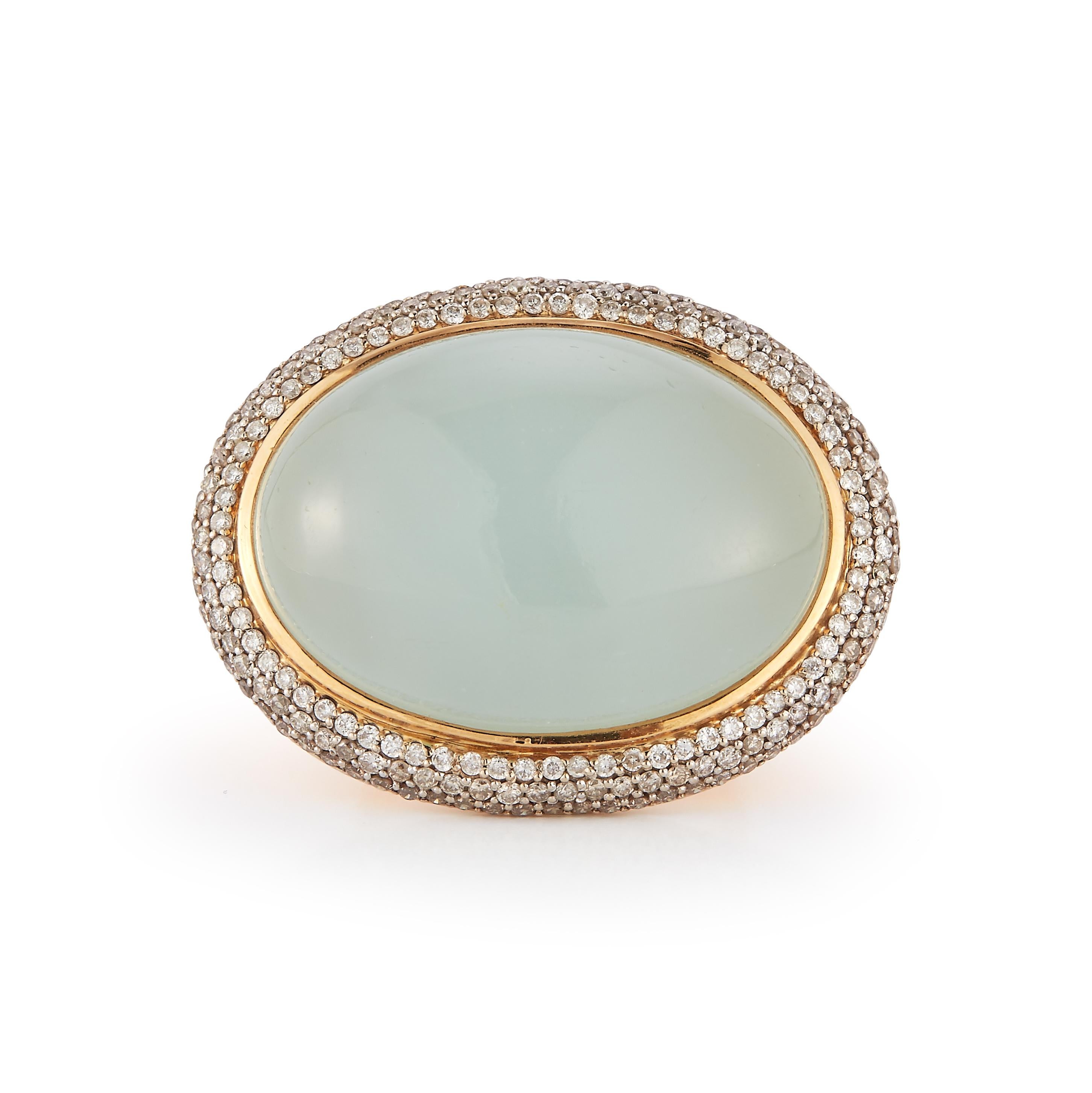 Parulina Couture Fine Jewelry- Aquamarine and Diamond Ring from the Isle of Capri Collection.
This stunningly large Aquamarine is 40.47ct and has a Diamond border of 1.49ct.
Set in 18K Yellow Gold.
Size 6 

Metal: 18K Yellow Gold
Gemstone Carat