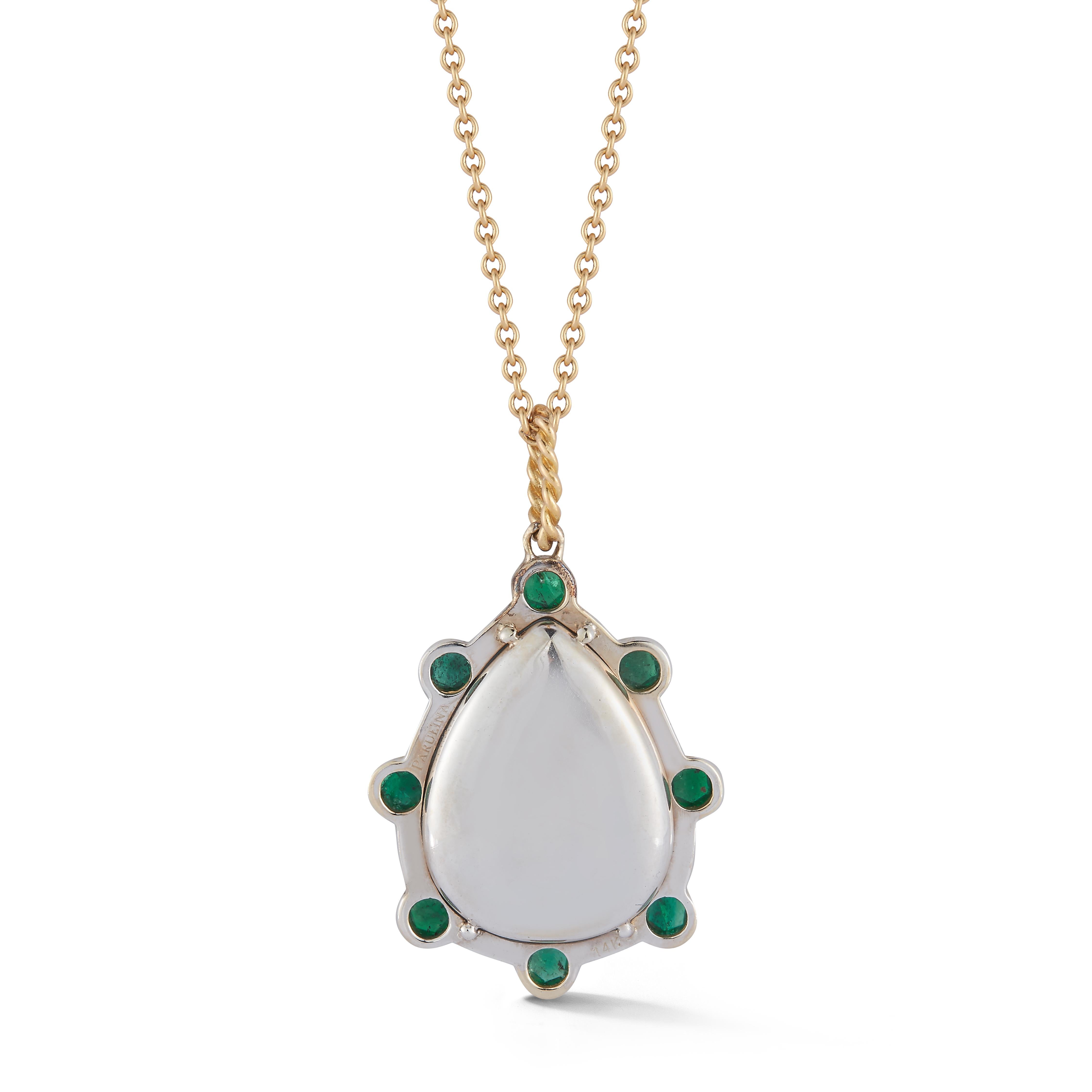 Parulina Couture Fine Jewelry - Aquamarine and Emerald Pendant with Diamond accent from the Heaven and Earth Collection.
18 inch chain length.

Metal: 14k White Gold
Gemstone Carat Weight: 9.80ct Aquamarine & 1.40ct Emeralds
Diamond Carat Weight: