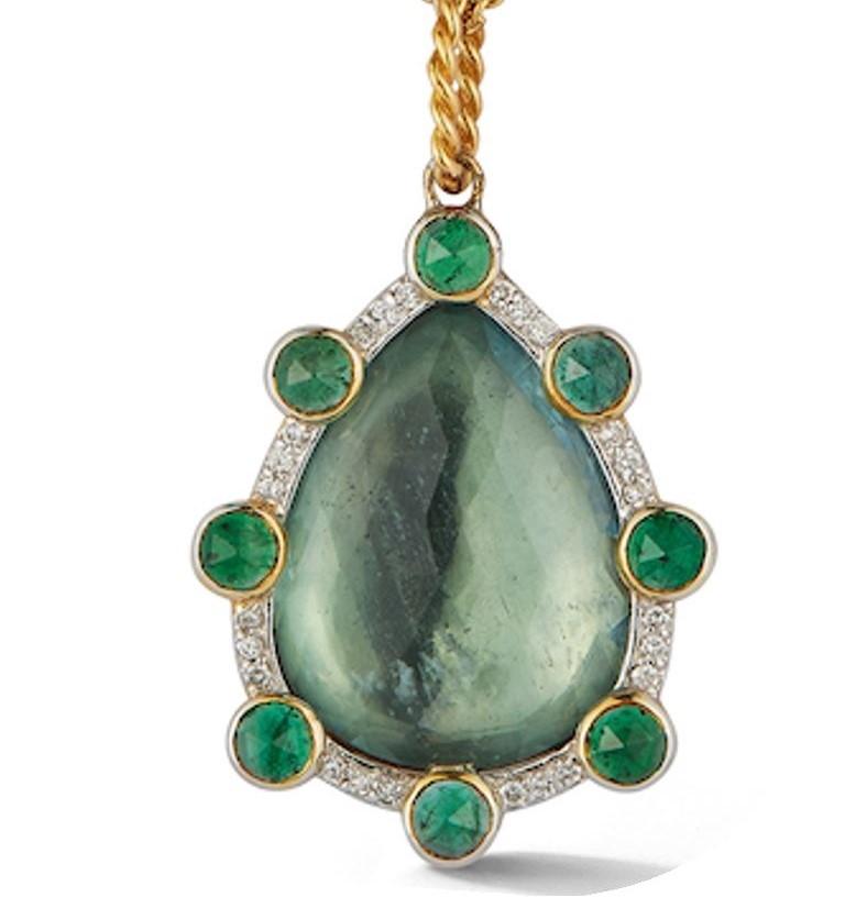 Pear Cut Aquamarine and Emerald Pendant in 14K White Gold For Sale