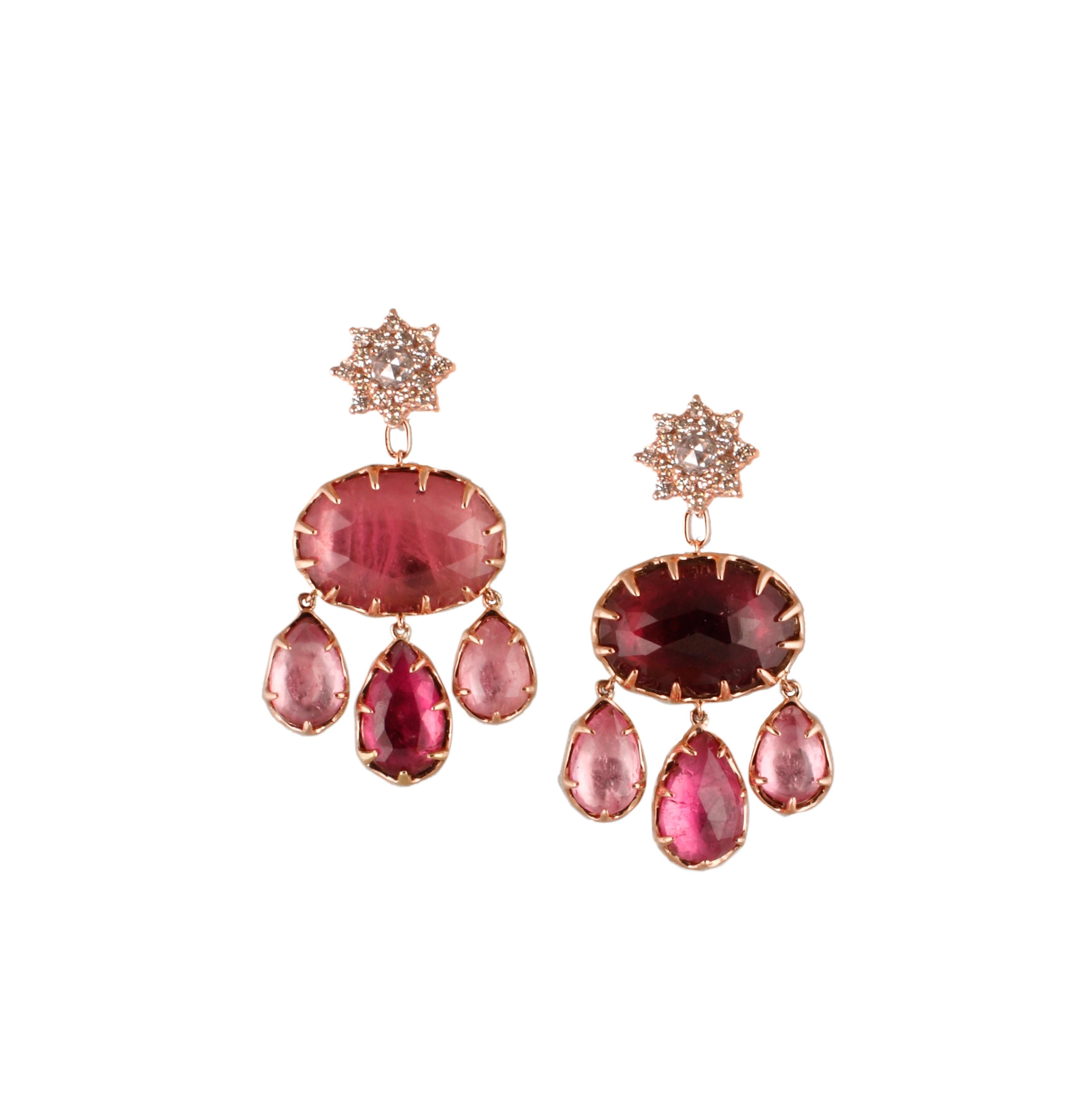 Parulina Couture Fine Jewelry- Stunning reversable diamond (4.74tcw) and rubellite (20.29tcw) earrings.
Constructed out of 18K gold with a post back and push-springe closure. 
These earrings can be worn 3 different ways...
1. Diamond dangle front