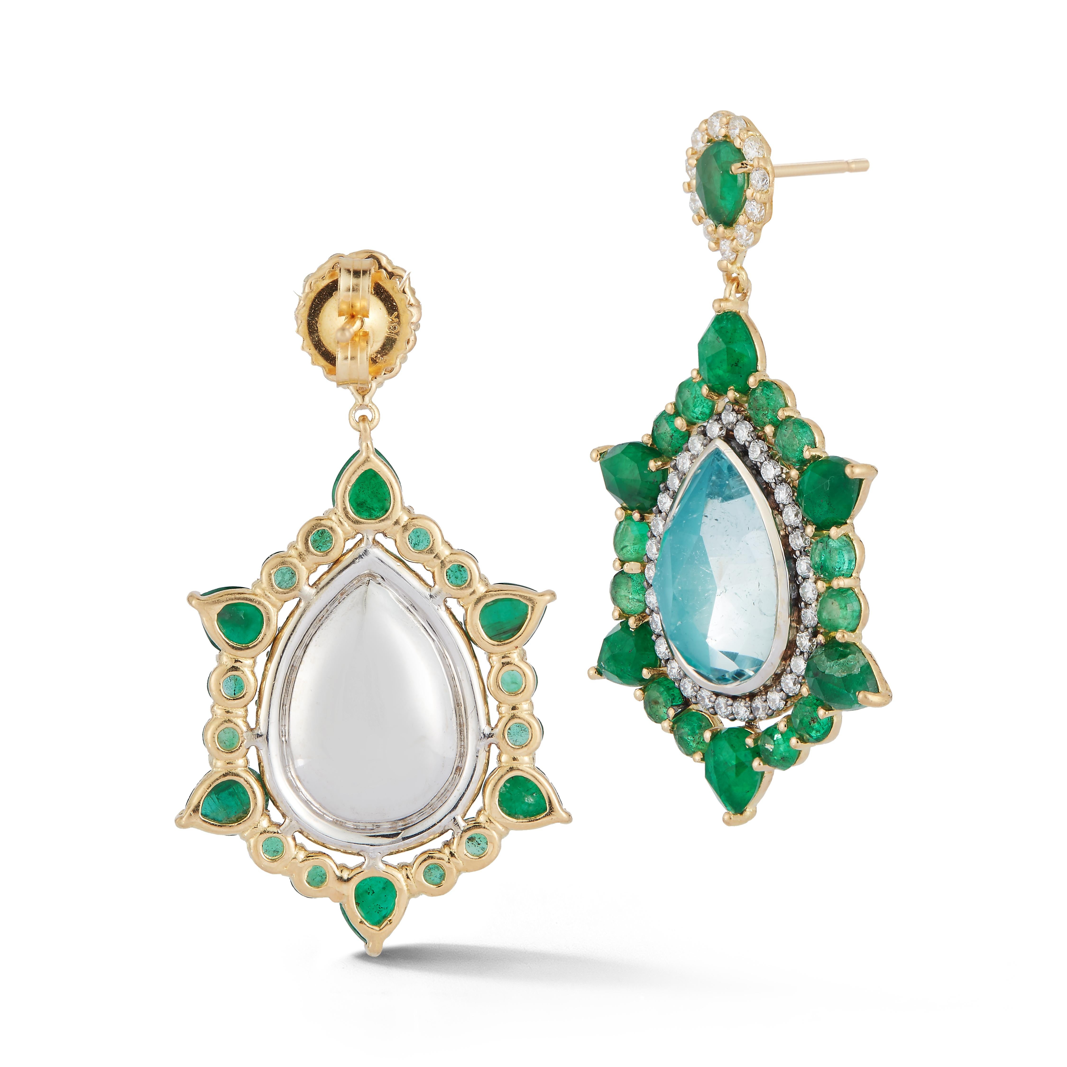 Parulina Couture Fine Jewelry- Emerald and Aquamarine Earrings from the Heaven and Earth Collection.
Beautiful earrings featuring 2 large Aquamarines 6.90ct and 5.74ct of Emeralds and accented with 0.94ct of Diamonds.
These earrings are set in 18K