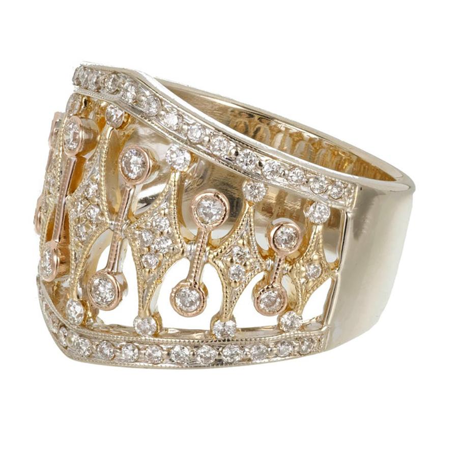 Wide Diamond flat Parviz band ring. Set with 85 full cut diamonds, this unique band is beautifully detailed and expertly crafted with beading and bezel set diamonds. The top is 18k white gold with yellow gold on the sides and  Rose gold round and