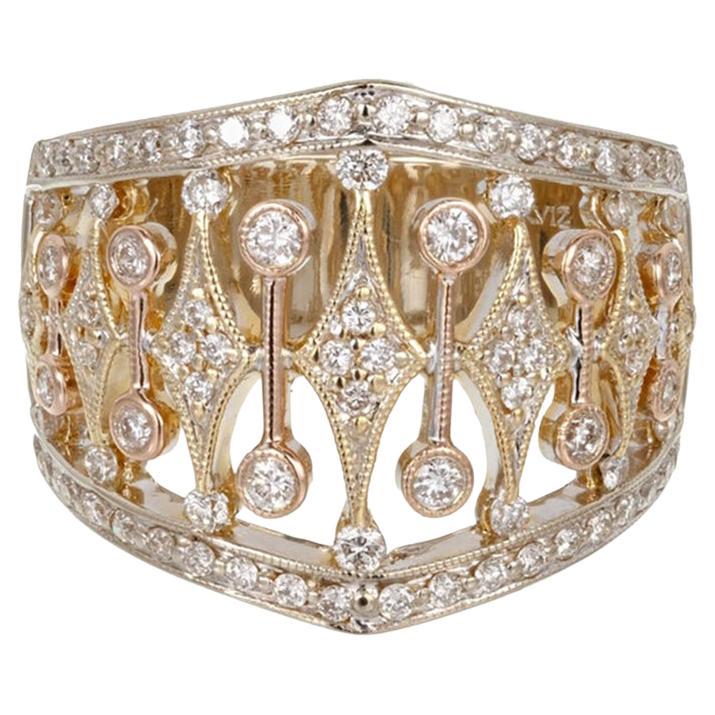 Parviz .70 Carat Round Diamond Tri Color Gold Wide Band Ring For Sale