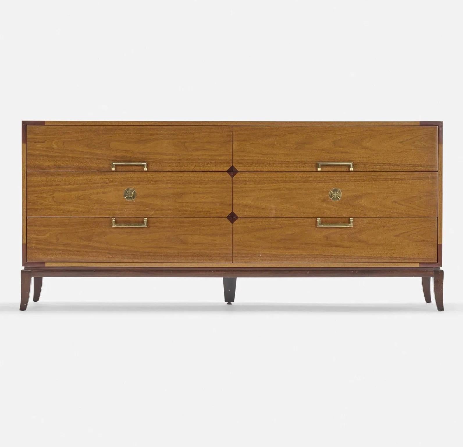 This exquisite work of art is by Tommi Parzinger for Parzinger Originals, circa 1959, signed 'Parzinger Originals' in one drawer interior.  Effortlessly refined, this versatile brass-mounted chest of drawers would make an eye-catching statement in