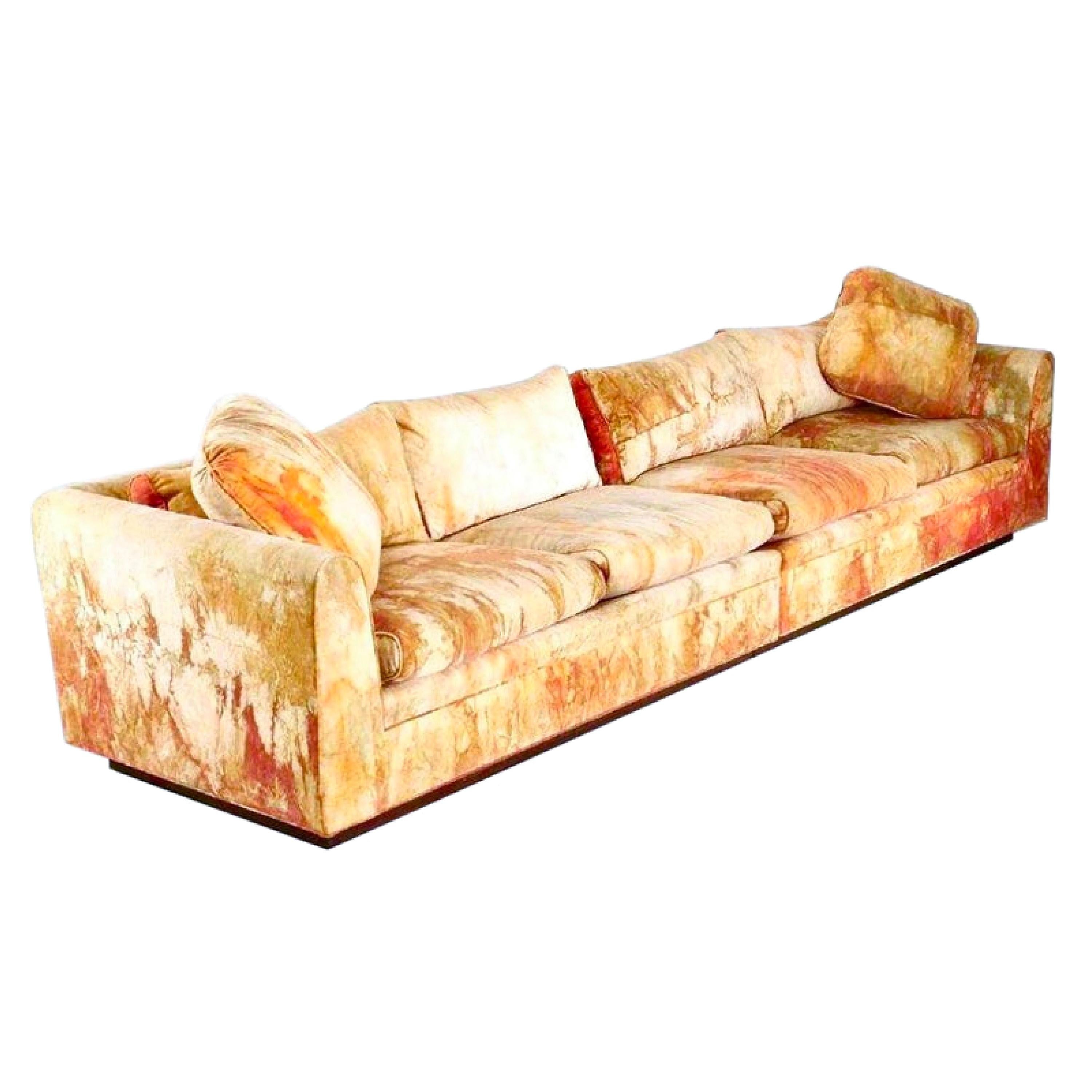 Parzinger Batik silk velvet living room set, sectional sofa, armchair, 1960s. Tommi Parzinger for Parzinger Originals. Vibrant batik silk velvet modern tuxedo two-piece modular sofa. Custom sectional mahogany plinth-base sofa. Psychedelic orange and