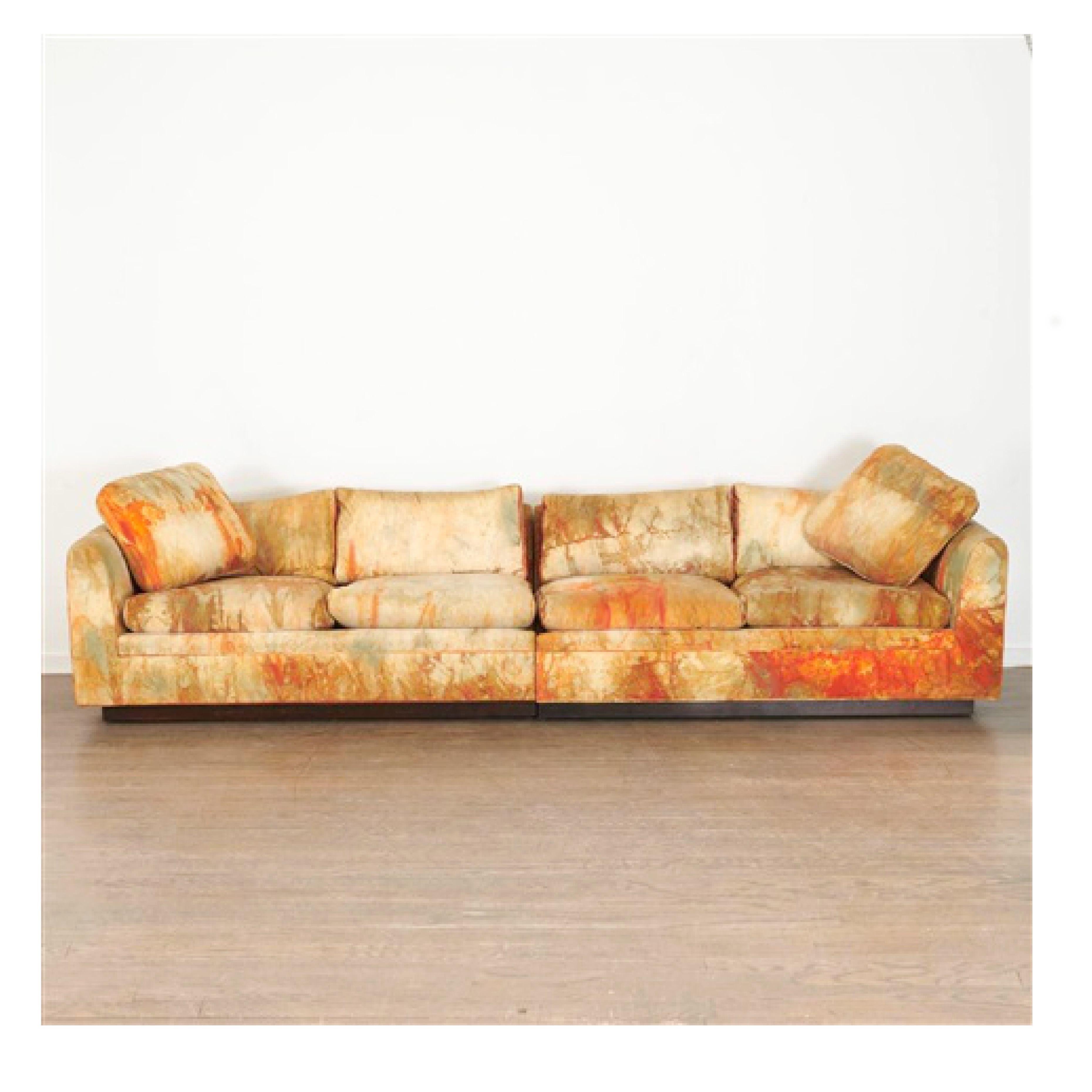 Parzinger Batik Silk Velvet Living Room Set, Sectional Sofa, Armchair, 1960s In Fair Condition In Brooklyn, NY