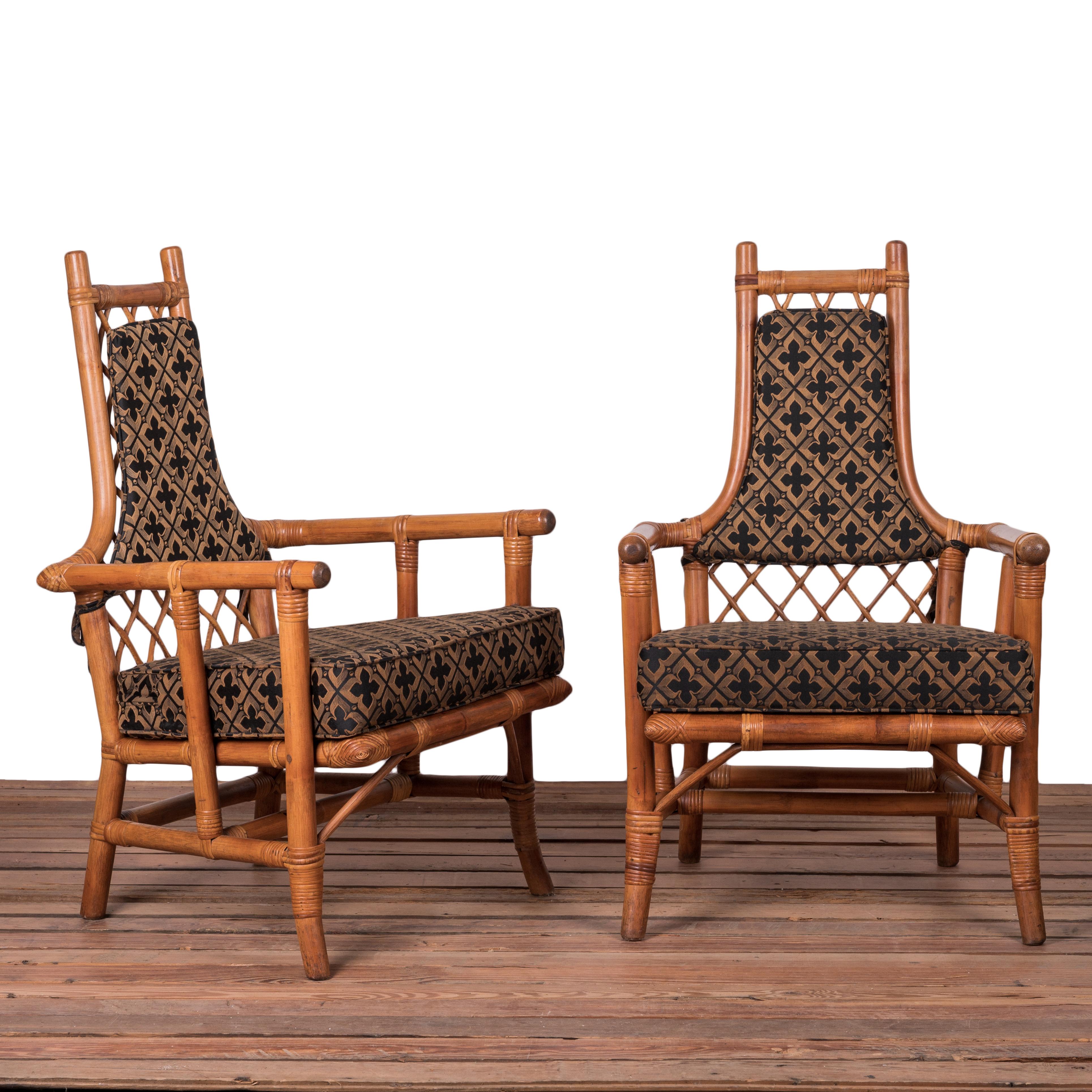 A set of six restored bamboo dining chairs designed by Tommi Parzinger and Henry Olko for Willow & Reed, Inc., circa 1955. 

23 inches wide by 24 ½ inches deep by 37 inches tall; seat height 17 inches; arm height 23 inches

