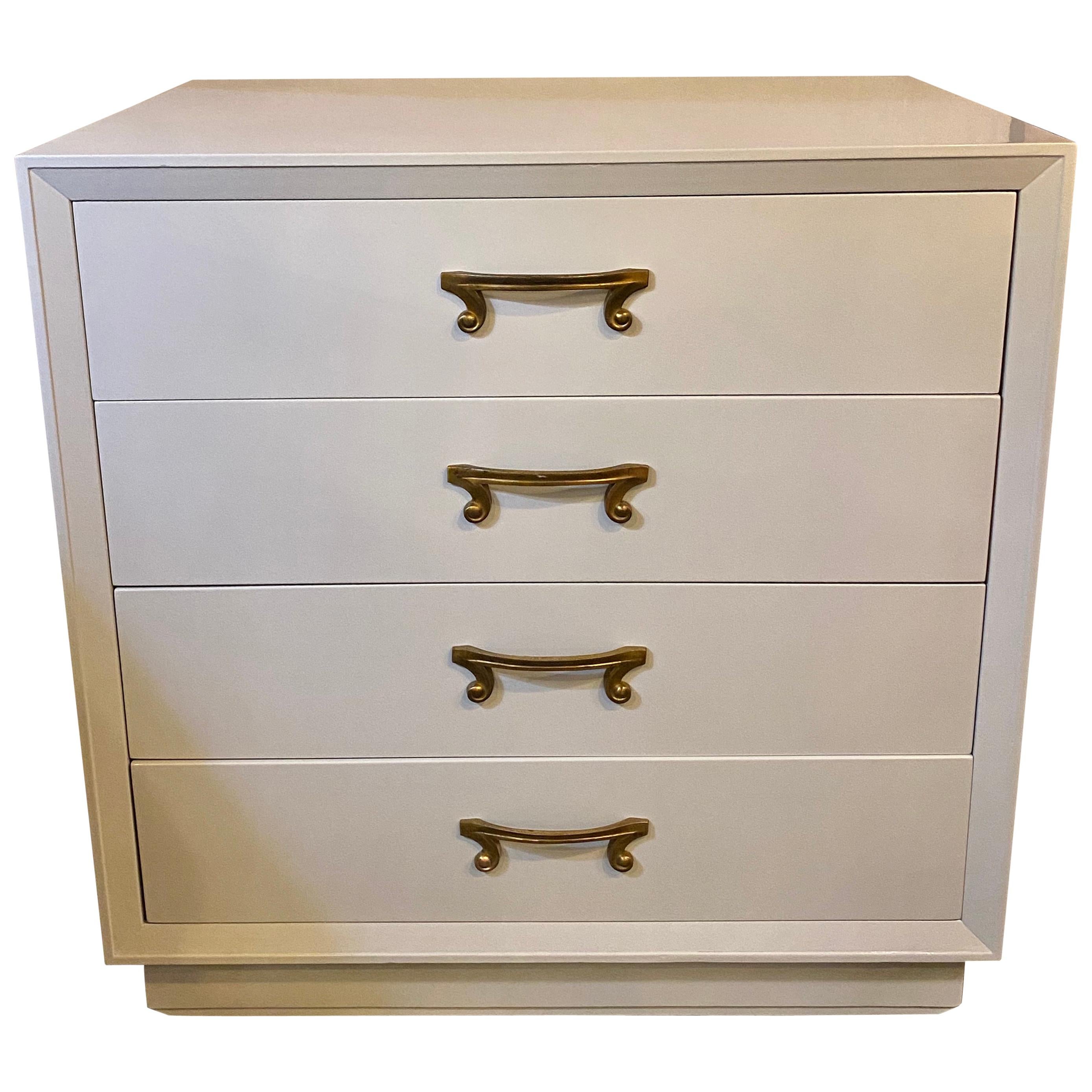 Parzinger Hollywood Regency Four-Drawer Chest Dresser Commode Dove Grey Lacquer