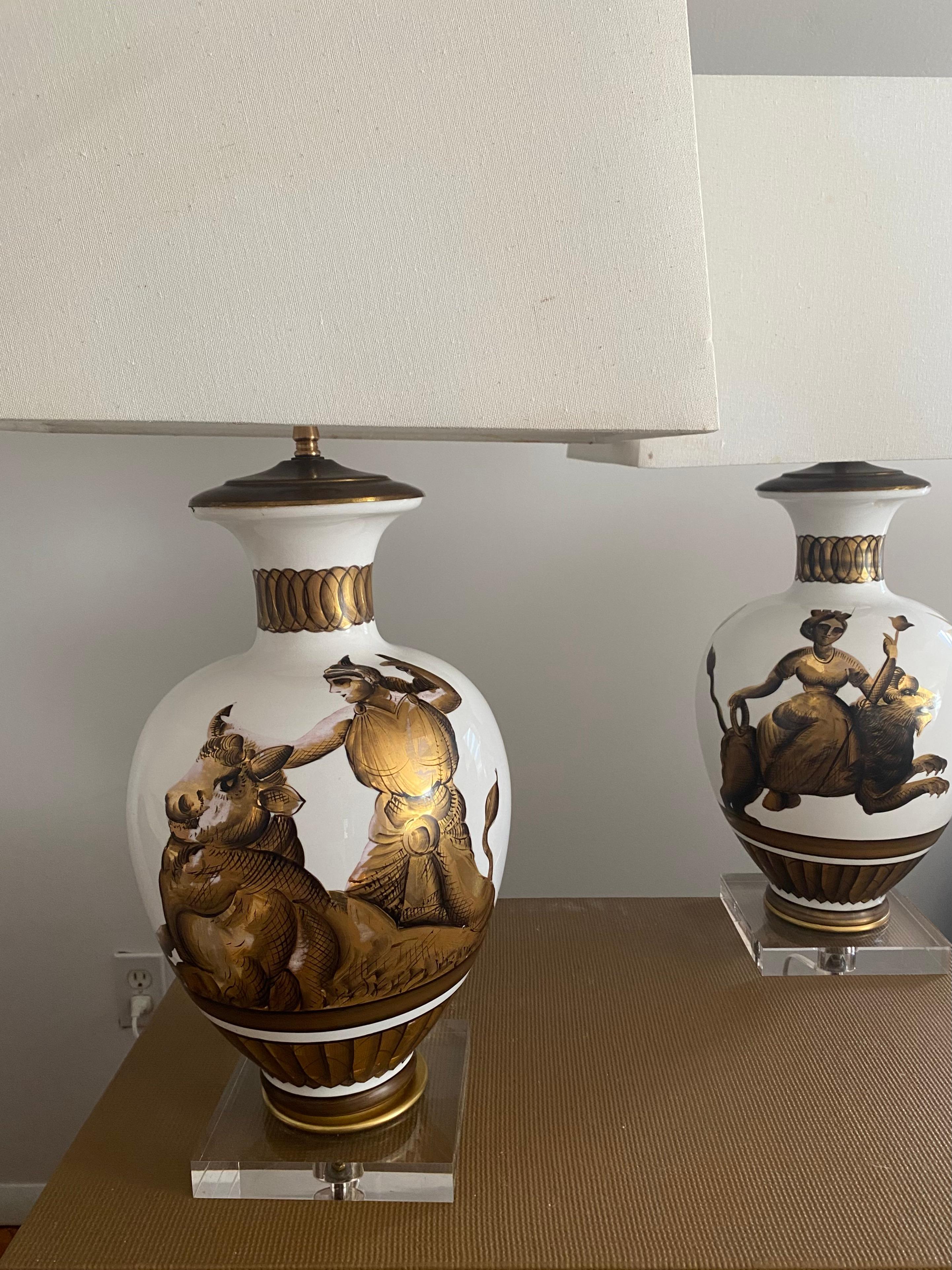 Parzinger Milk glass table lamps with gold painted classical figures mid century For Sale 5