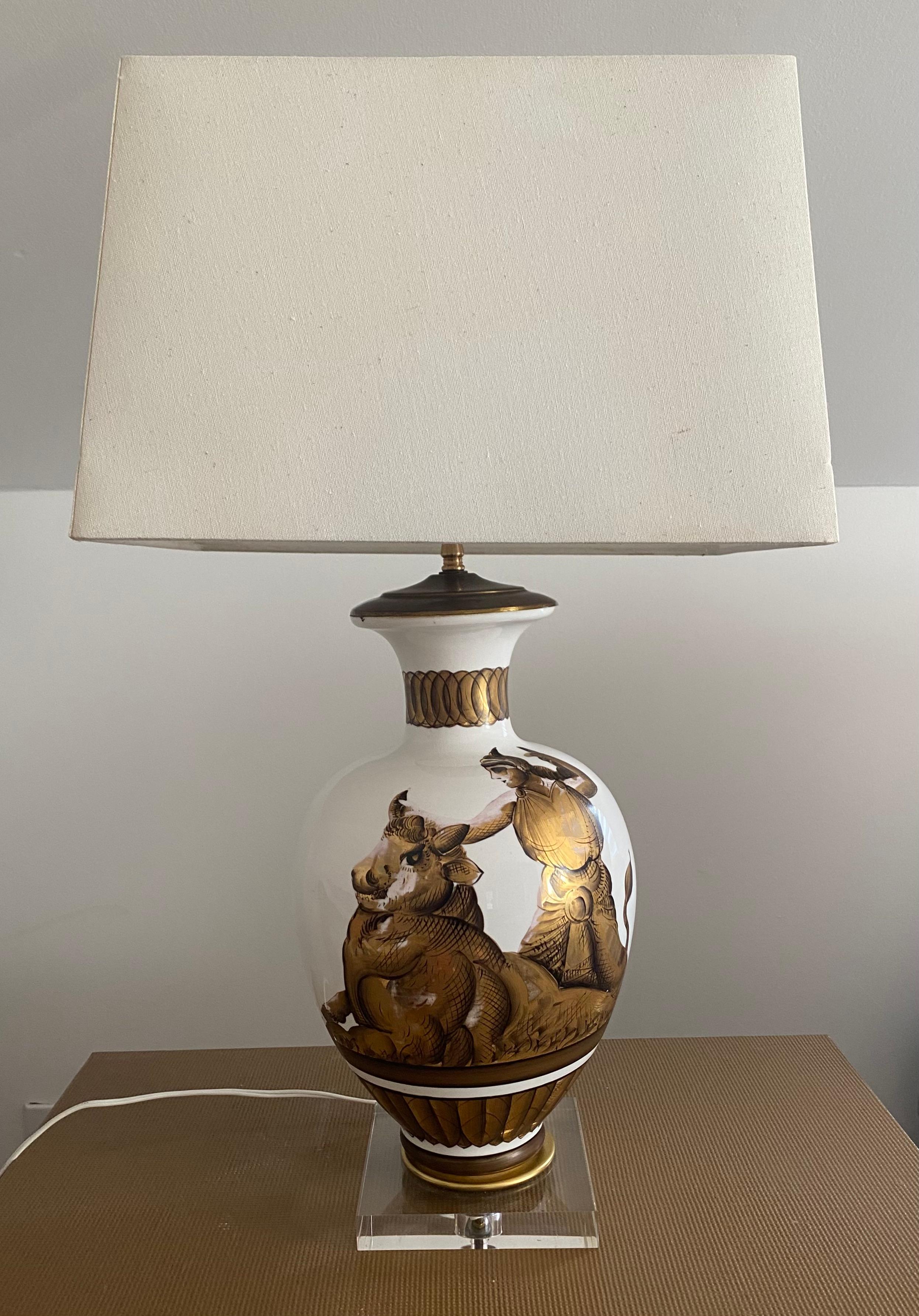 Other Parzinger Milk glass table lamps with gold painted classical figures mid century For Sale