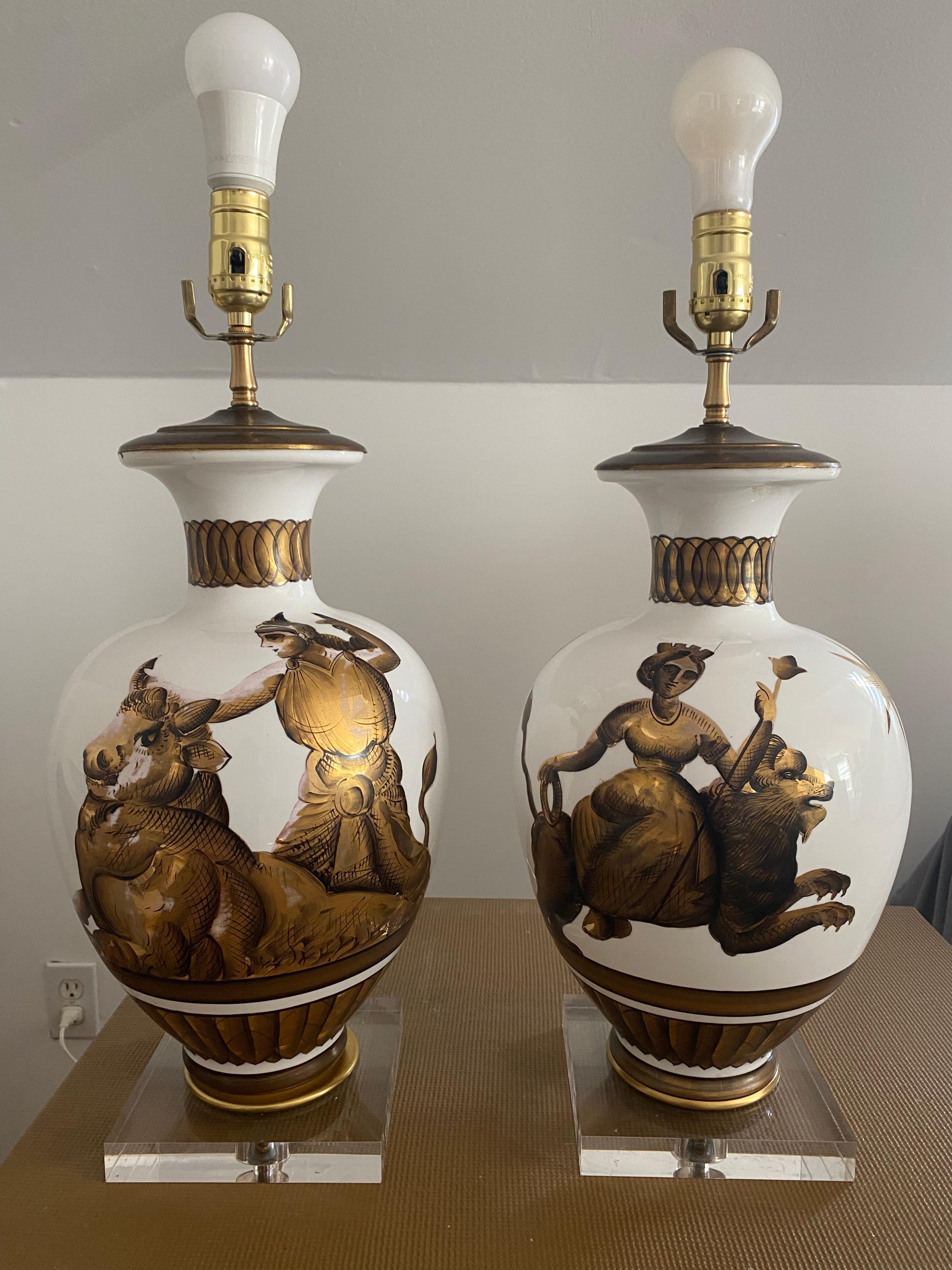 Parzinger Milk glass table lamps with gold painted classical figures mid century In Good Condition For Sale In Bridgehampton, NY