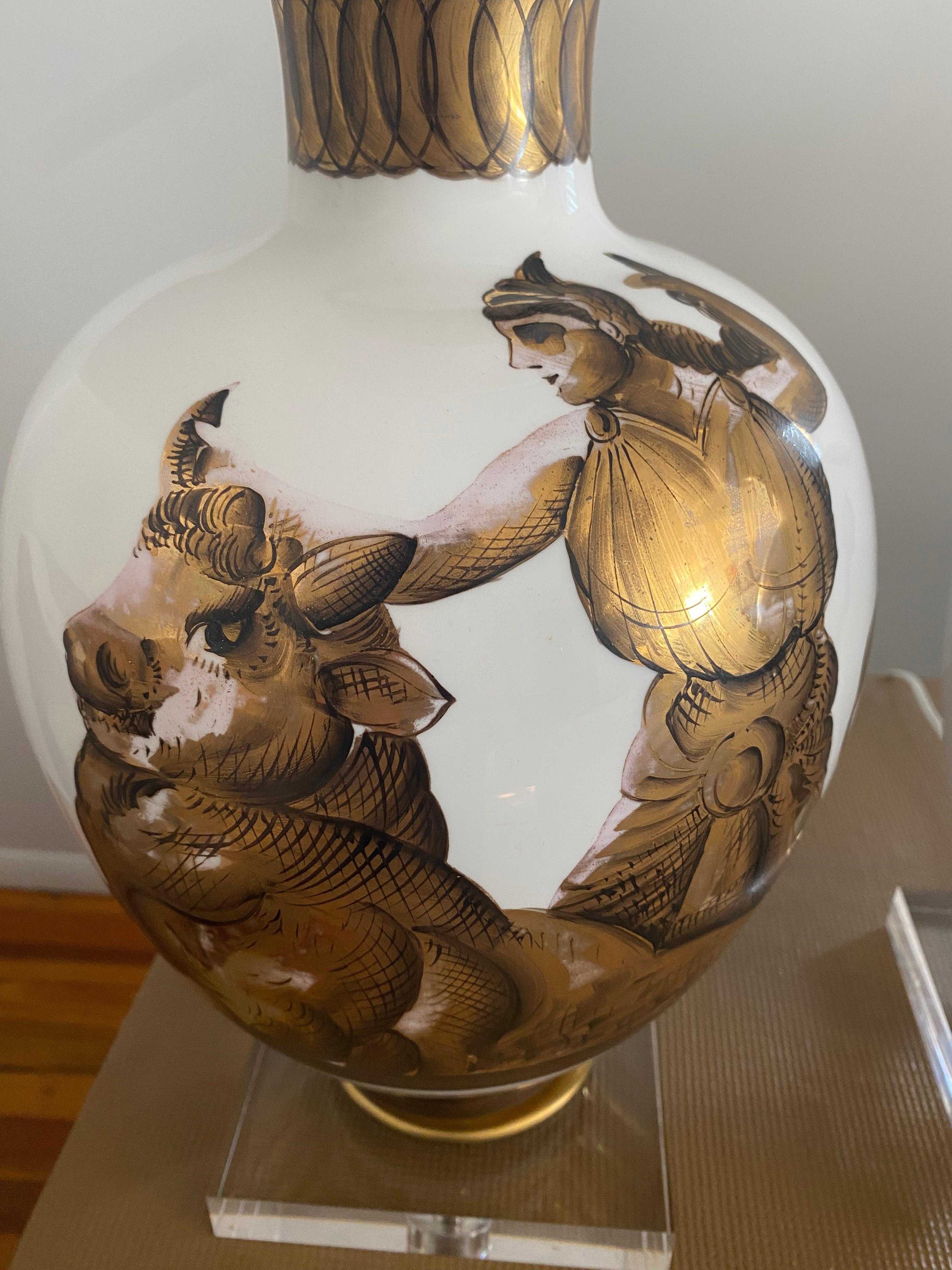 20th Century Parzinger Milk glass table lamps with gold painted classical figures mid century For Sale