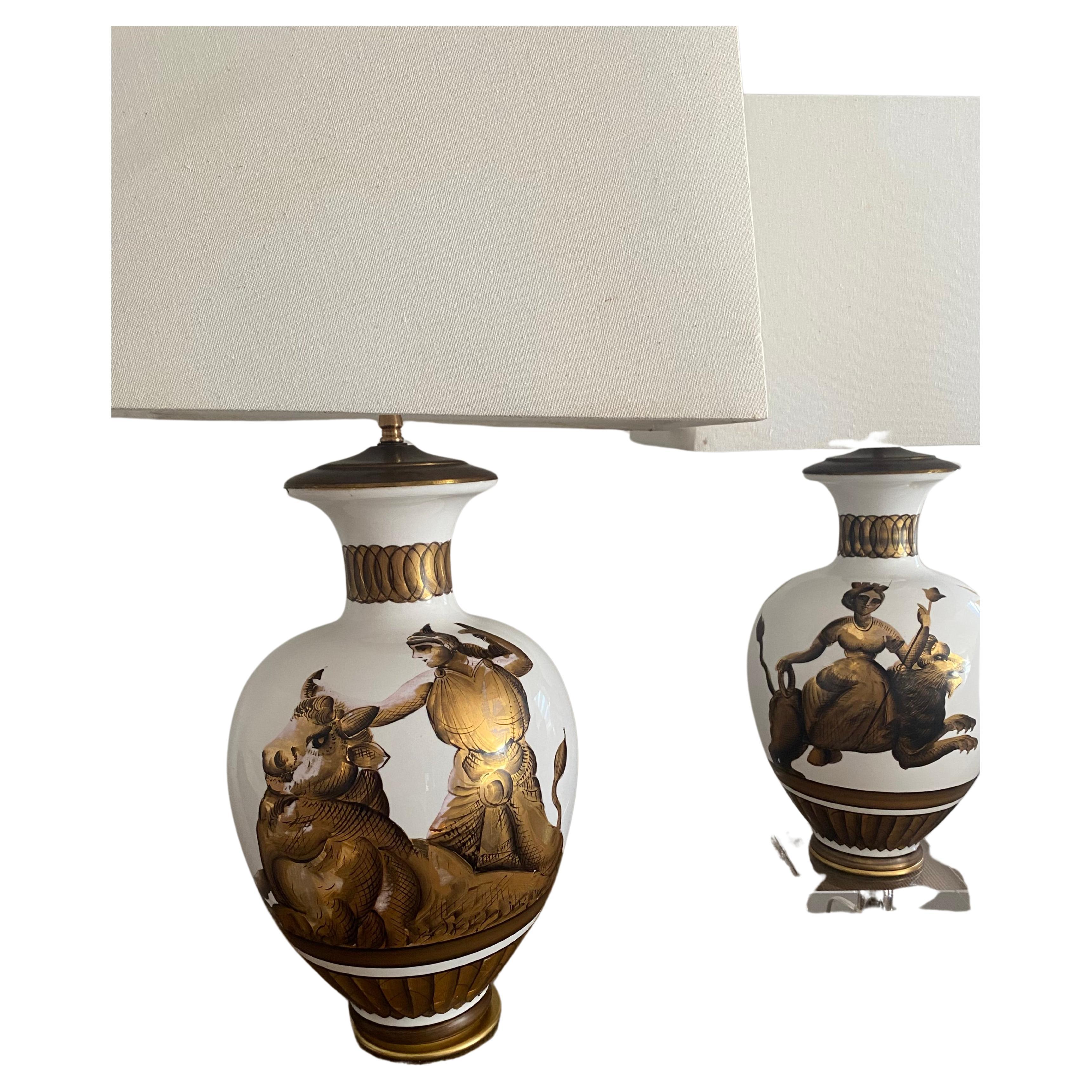 Parzinger Milk glass table lamps with gold painted classical figures mid century For Sale