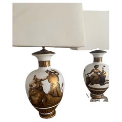 Vintage Parzinger Milk glass table lamps with gold painted classical figures mid century