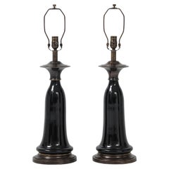 Parzinger Style Black Porcelain, Bronze Lamps