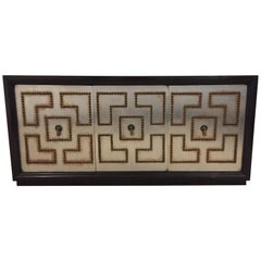 Parzinger Style Hollywood Regency Steel and Bronze Patina Studded Cabinet
