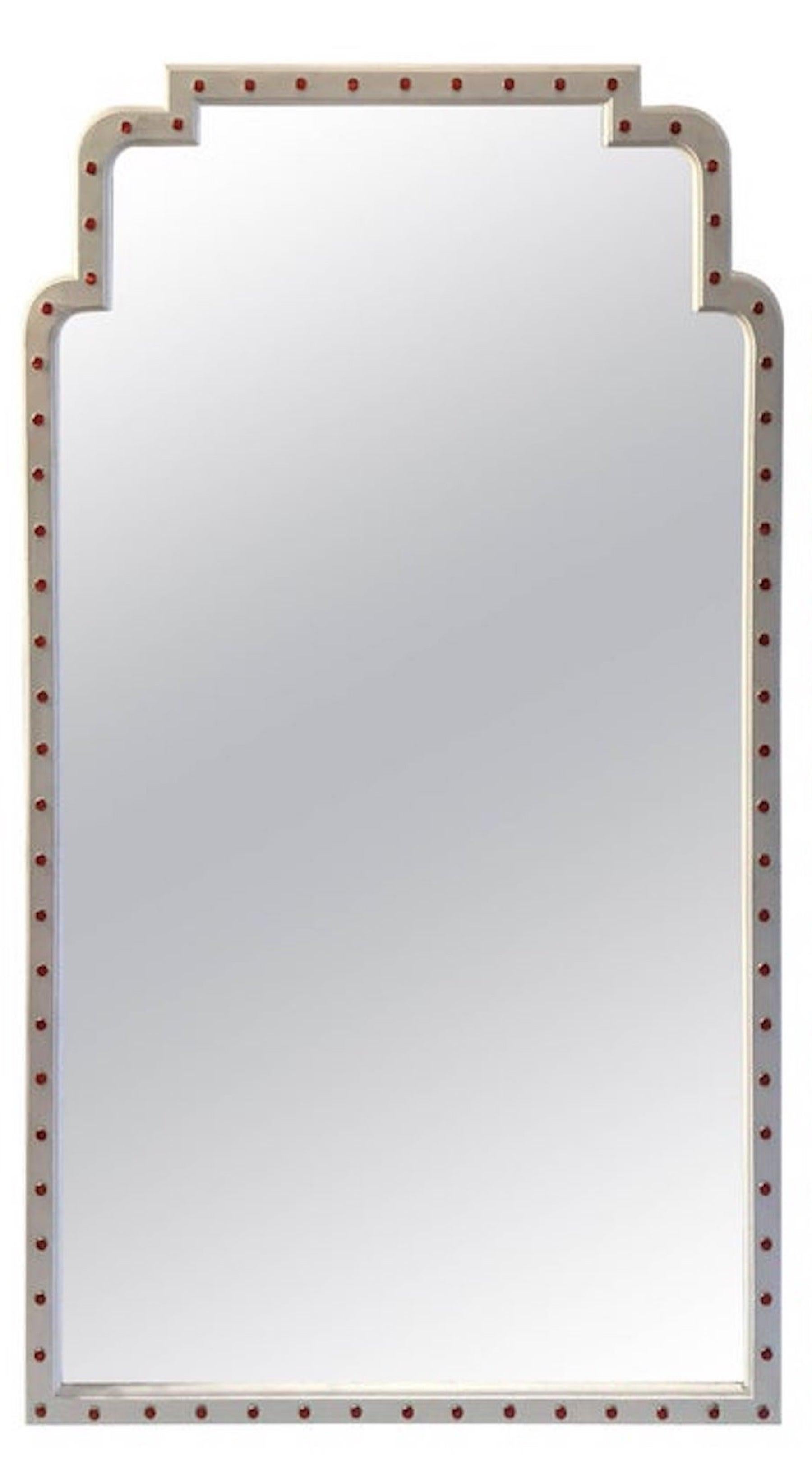 Parzinger style white lacquered mirror, second mirror available
Each one with canted top with continuous surround of inset salmon colored glass roundels on white lacquered frames.