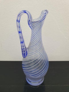 Pasabahce Turkish Art Glass Pitcher Blue Spiral Stripes. Very nice condition (50
