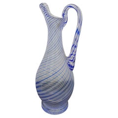 Vintage Pasabahce Turkish Art Glass Pitcher Blue Spiral Stripes. Very nice condition (50