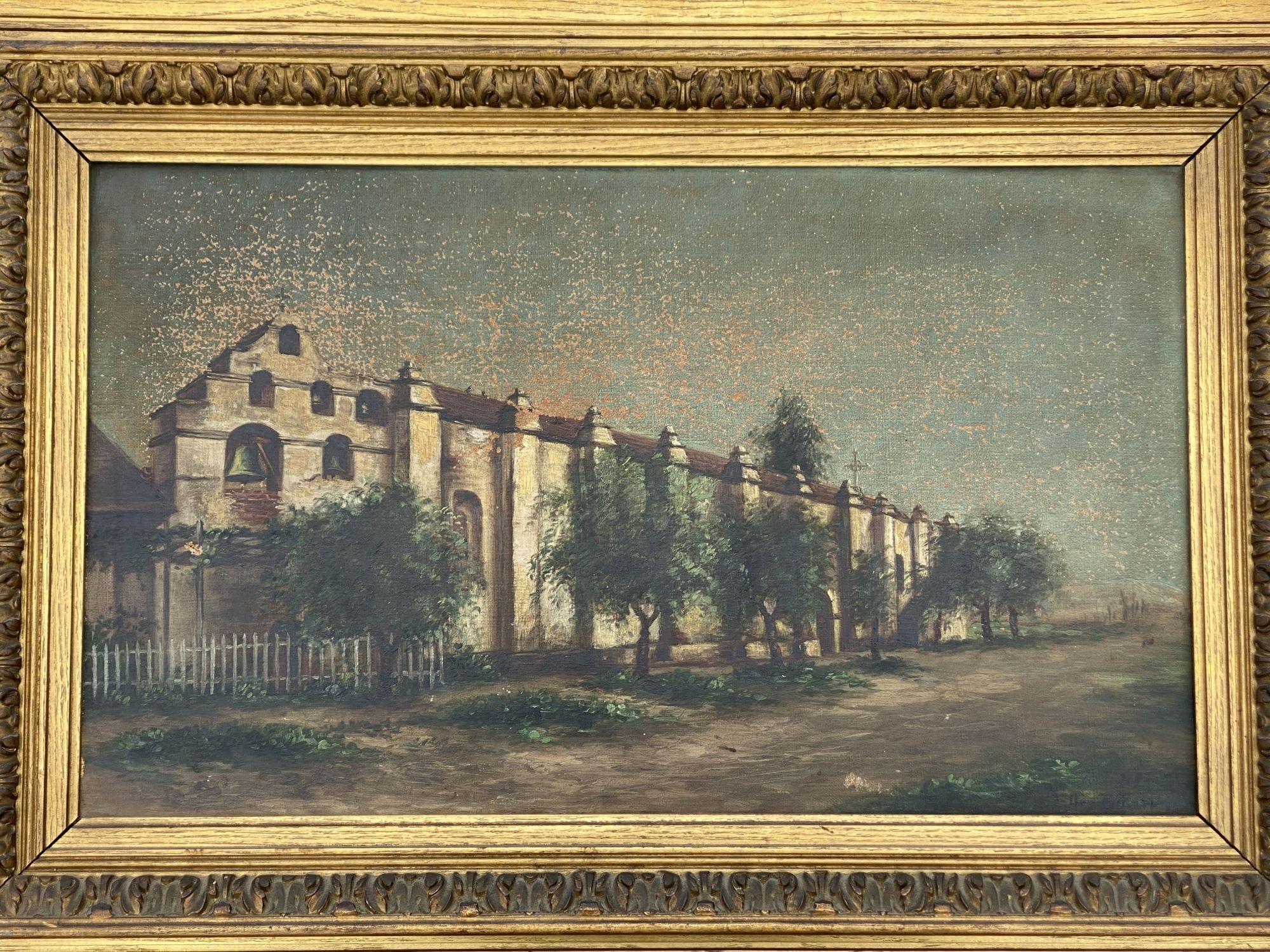 Late Victorian artwork oil painting on canvas in the original frame by Ellen B. Farr of the Pasadena San Gabriel Mission in Pasadena, California

Signed 