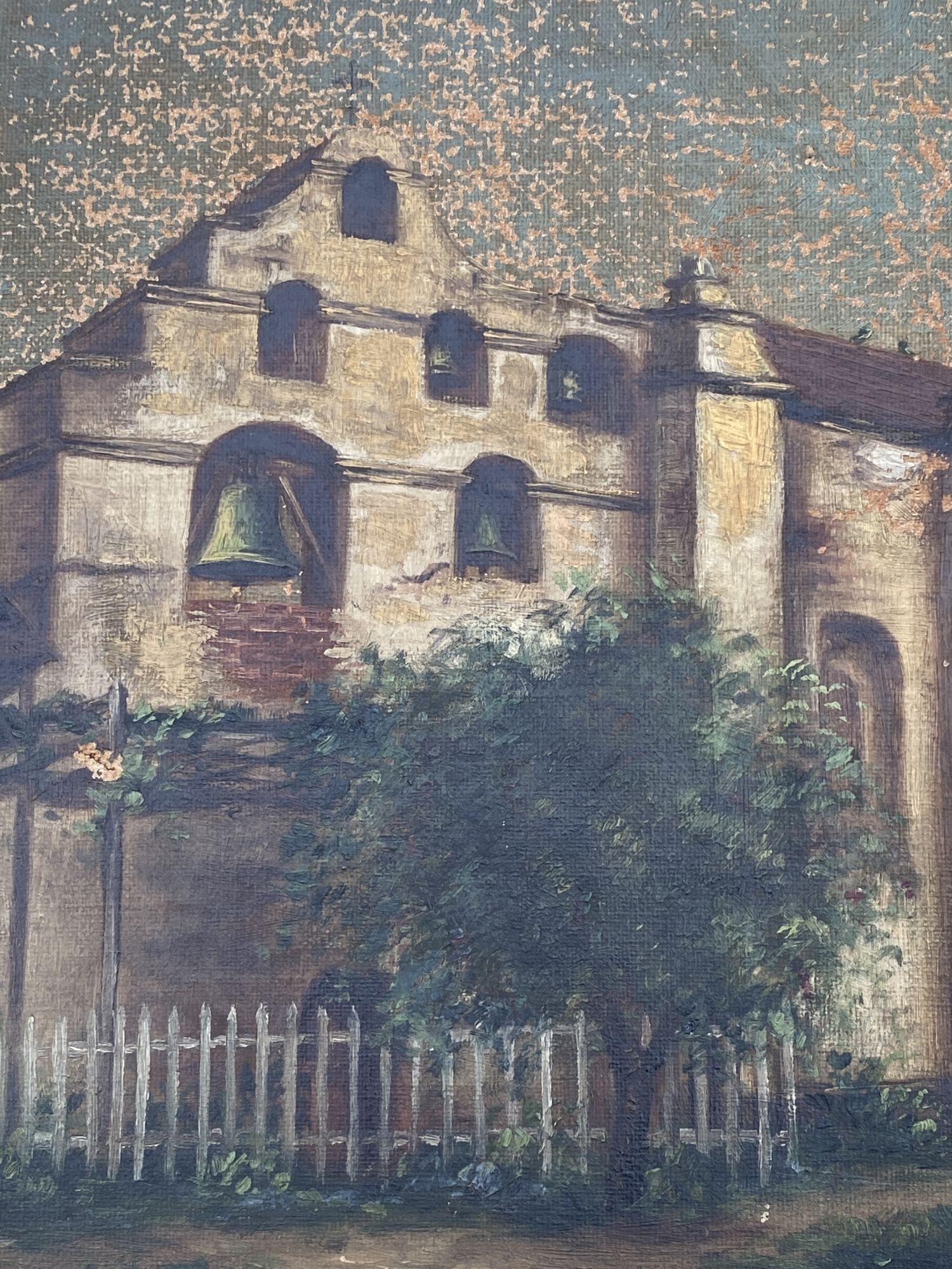Américain Peinture à l'huile sur toile victorienne de Pasadena San Gabriel Mission par Ellen B. Farr en vente