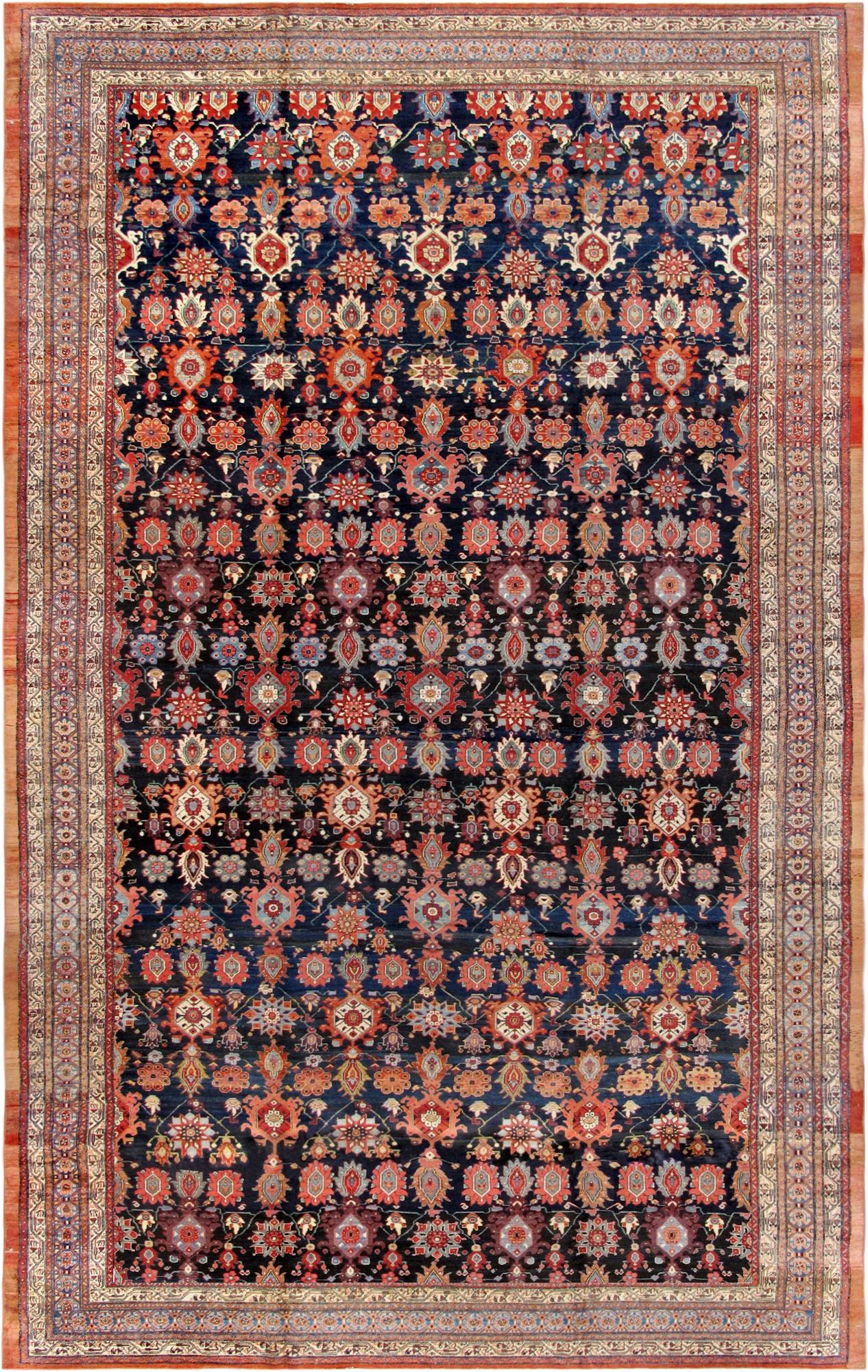 Hand-Crafted Antique Melody Collection Navy Lamb's Wool Area Rug For Sale