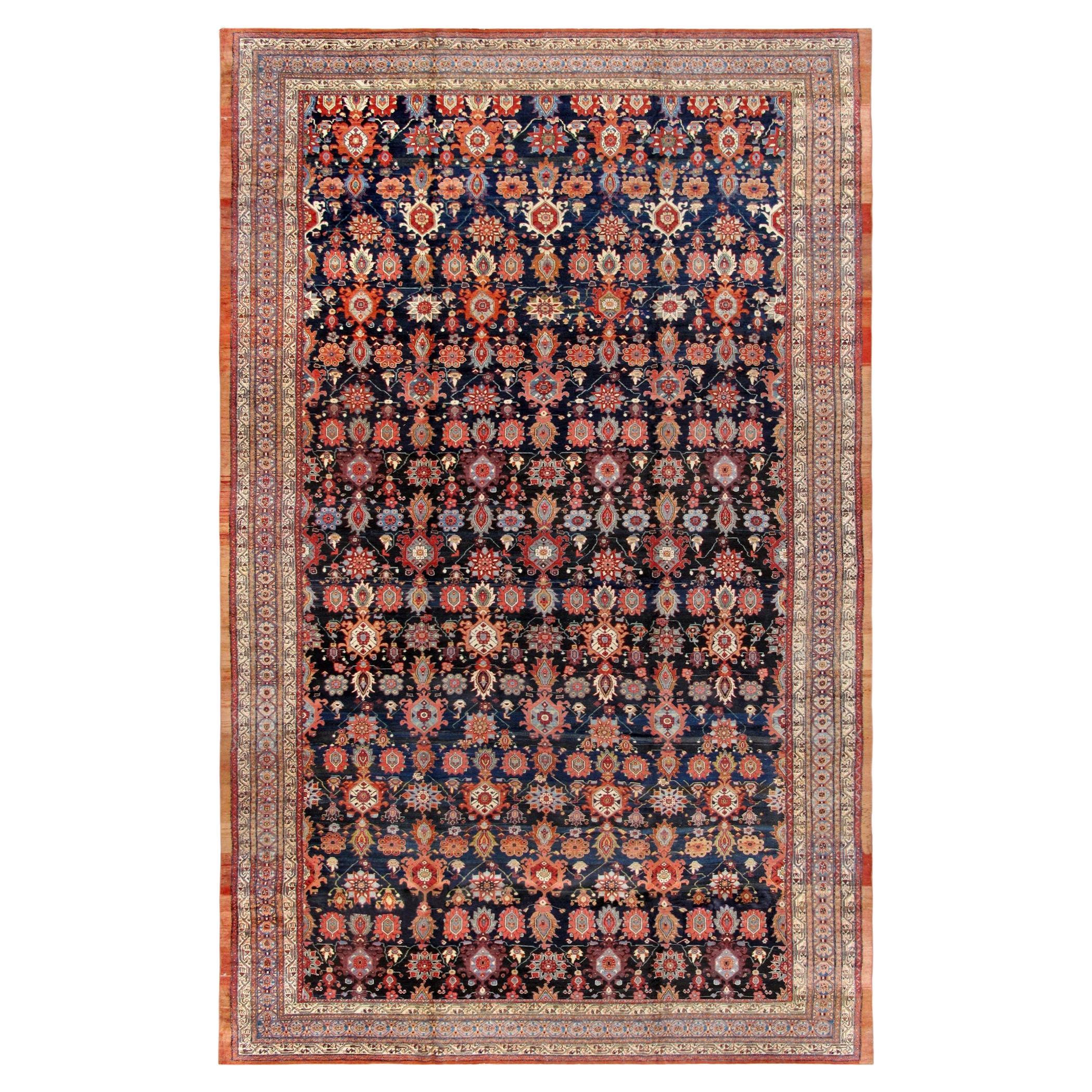 Antique Melody Collection Navy Lamb's Wool Area Rug For Sale