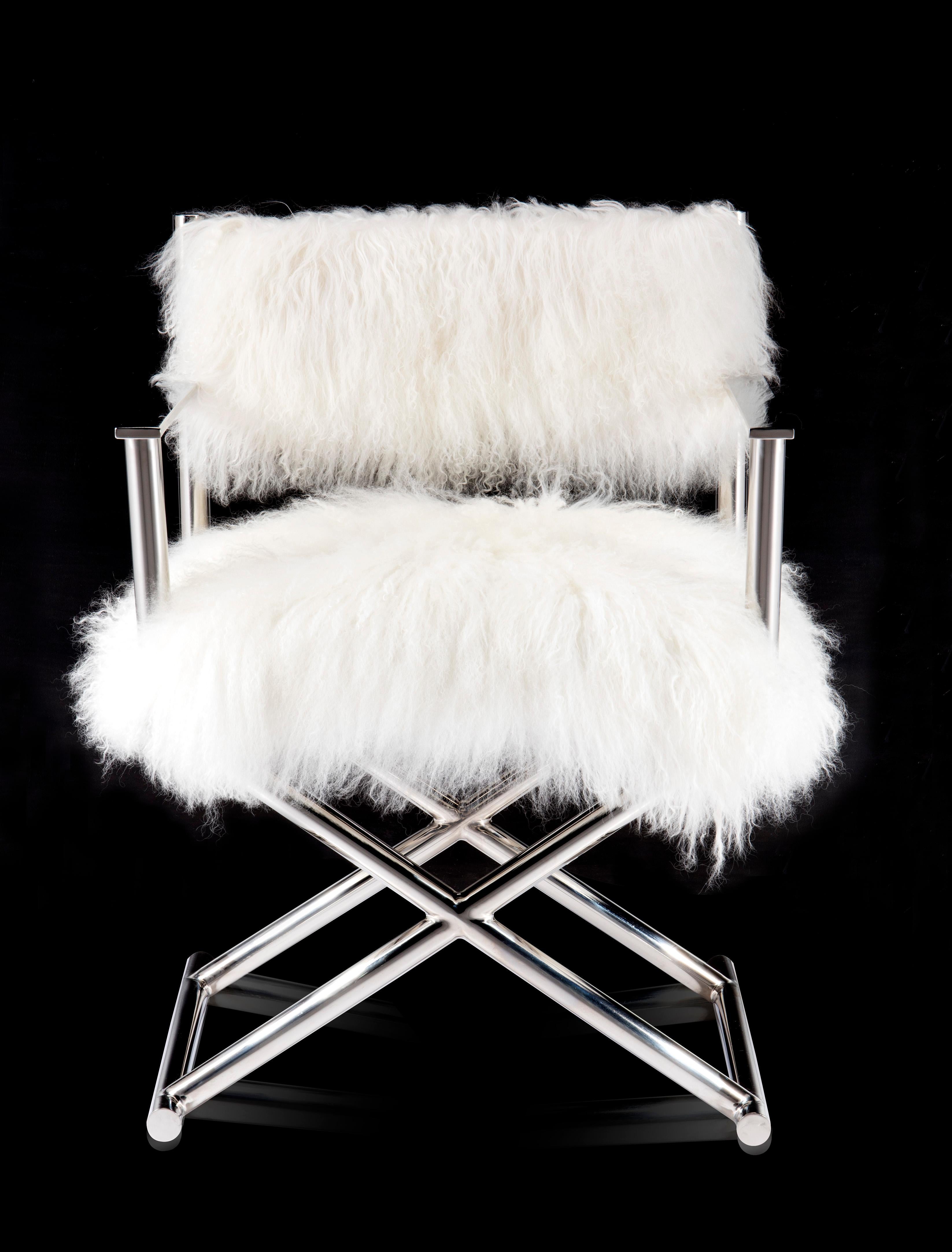 Chinese Pasargad Home Mongolian Fur Director's Chair with Silver Legs
