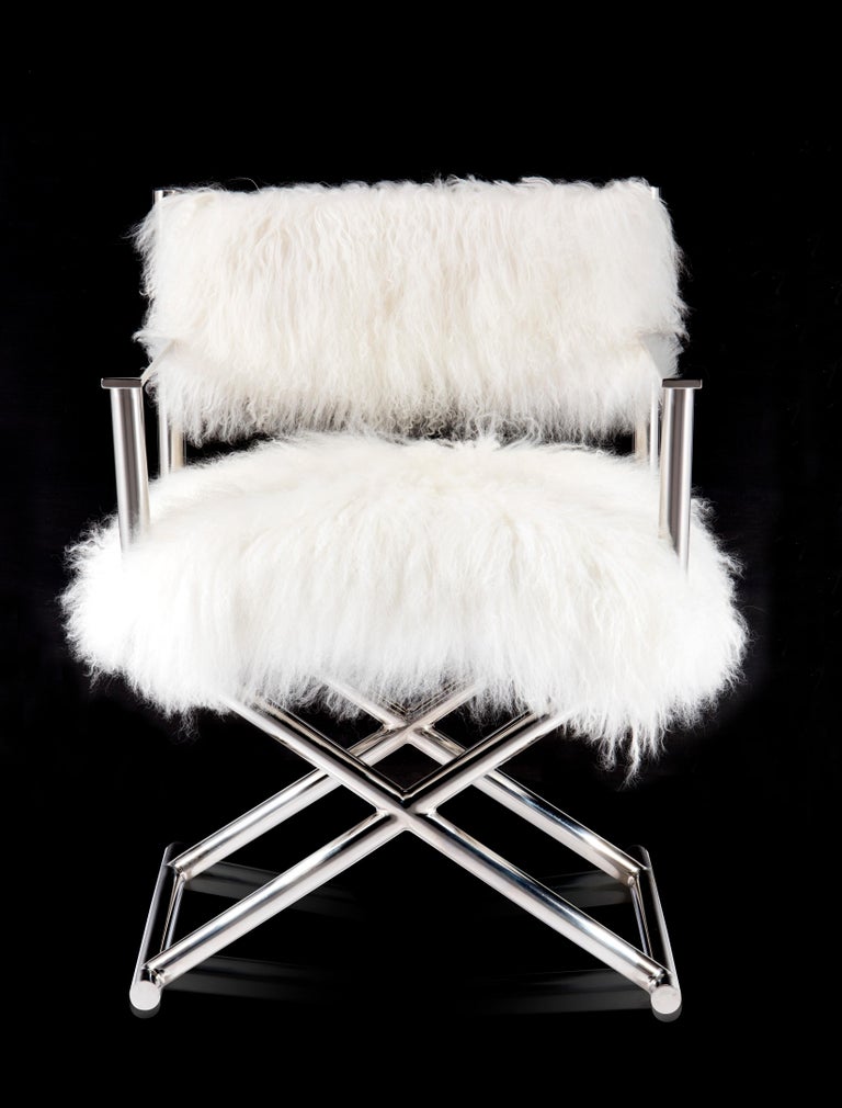 Pasargad Home Mongolian Fur Director's Chair with Silver Legs For Sale