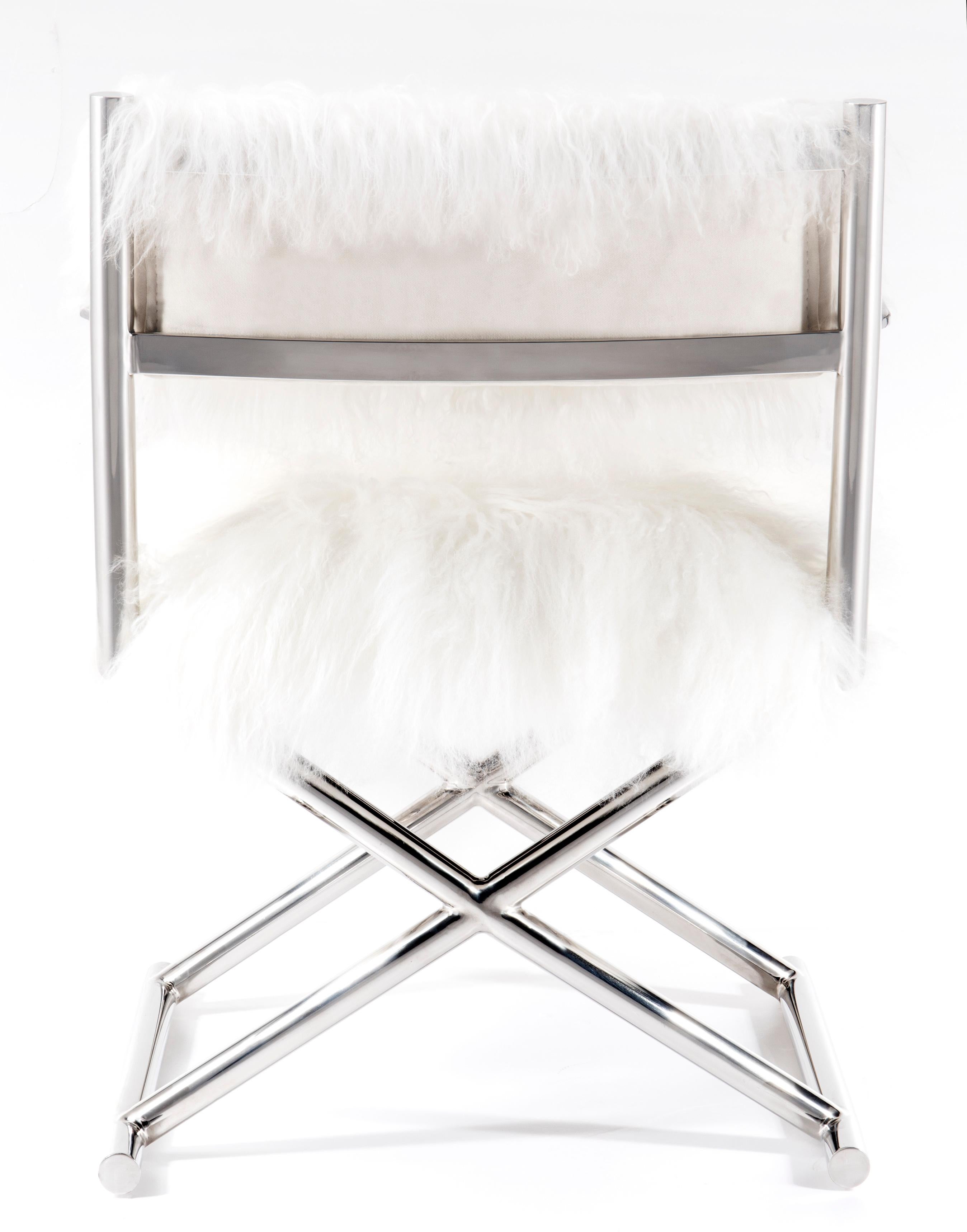 Pasargad Home Mongolian Fur Director's Chair with Silver Legs In New Condition In Port Washington, NY