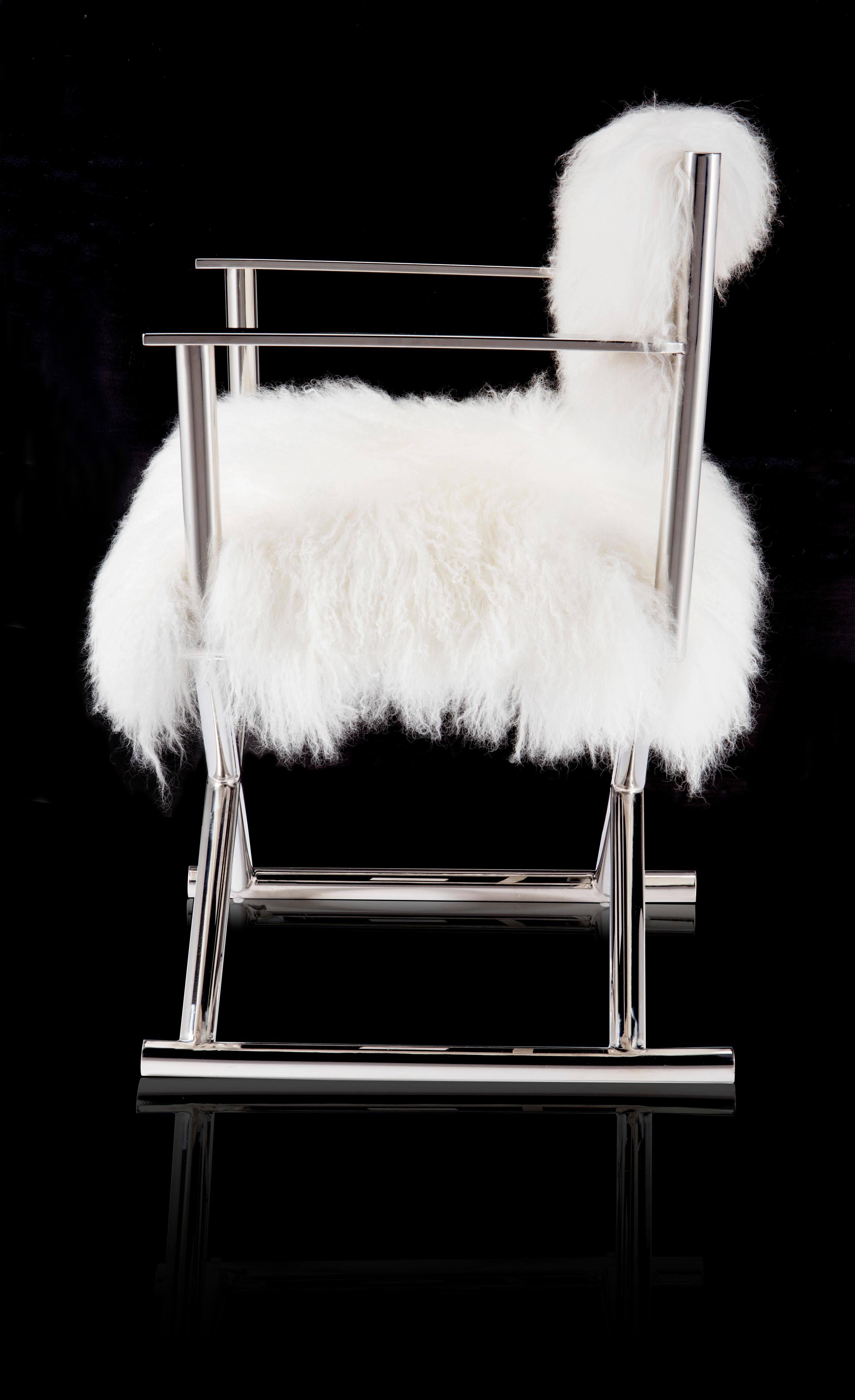 Contemporary Pasargad Home Mongolian Fur Director's Chair with Silver Legs