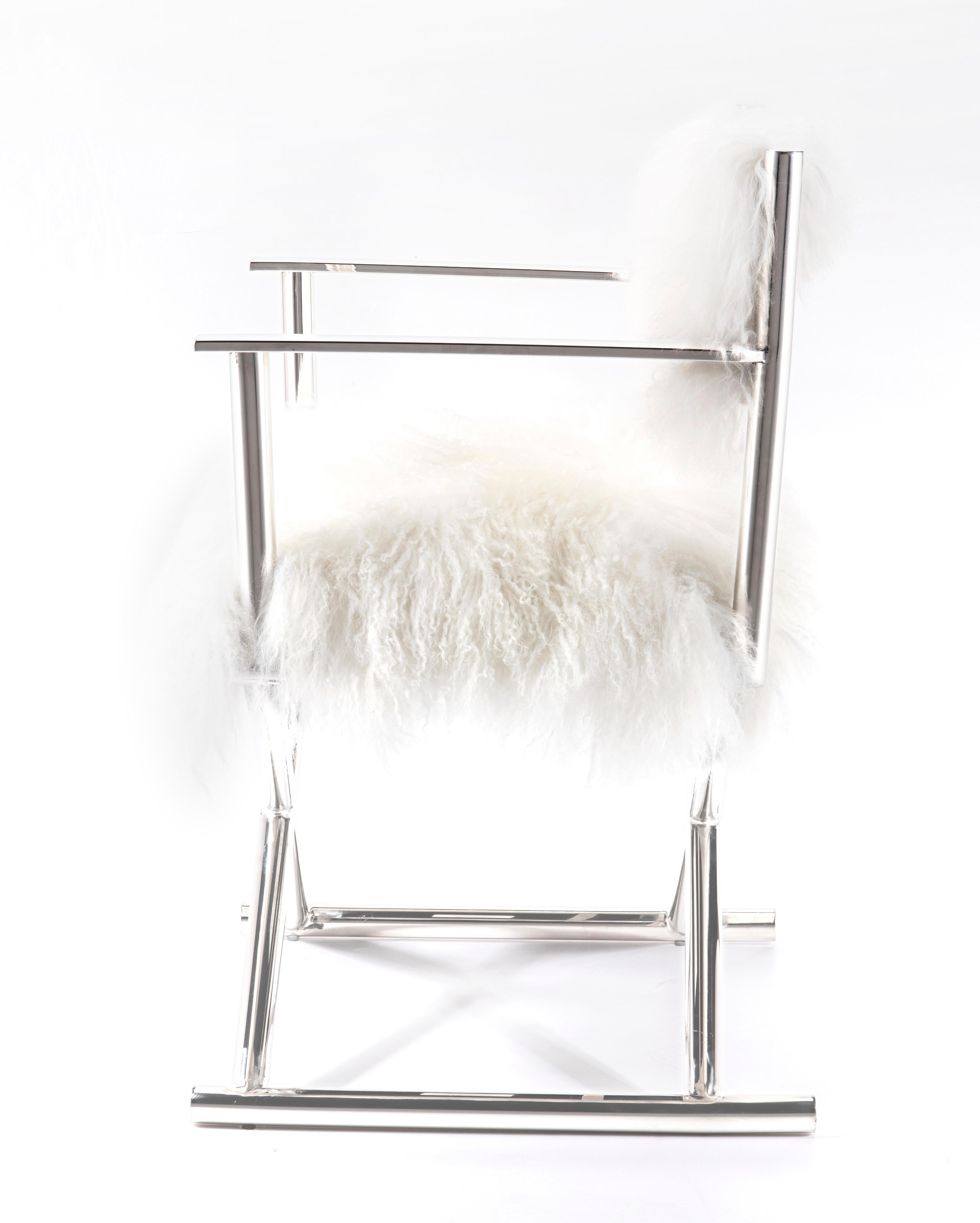 Pasargad Home Mongolian Fur Director's Chair with Silver Legs 1