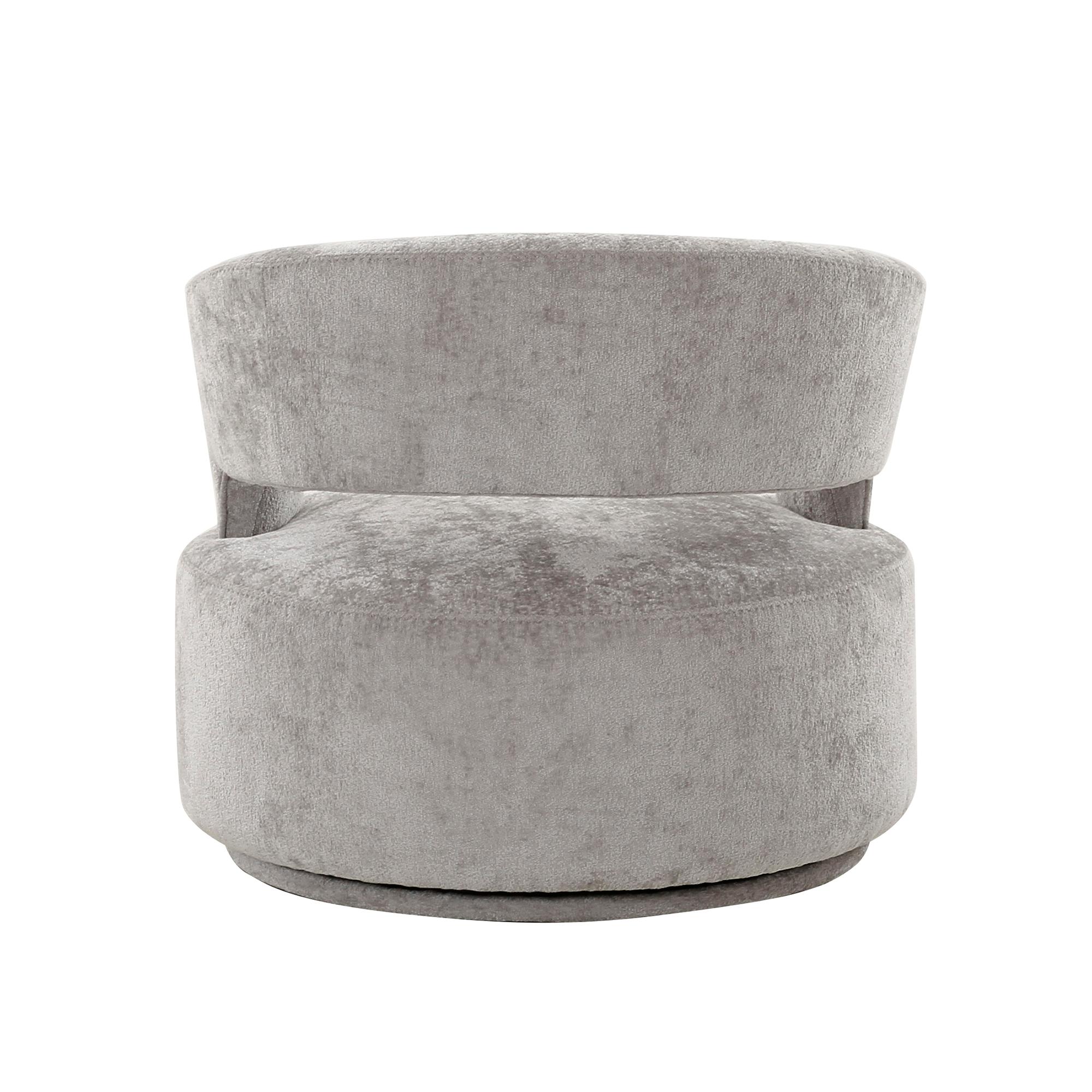 A modern profile with classic comfort, our Piagia chair features an ultra-plush, stunning silver fabric. Its round seat and curved arm provide the ultimate comfort and style while its swivel base brings functionality to this stunning piece.
 