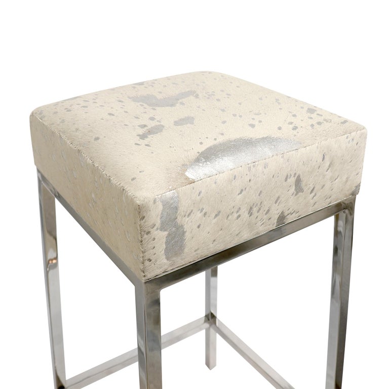 Pasargad Home Safari Cowhide Bar Stool with Silver Steel Legs For Sale