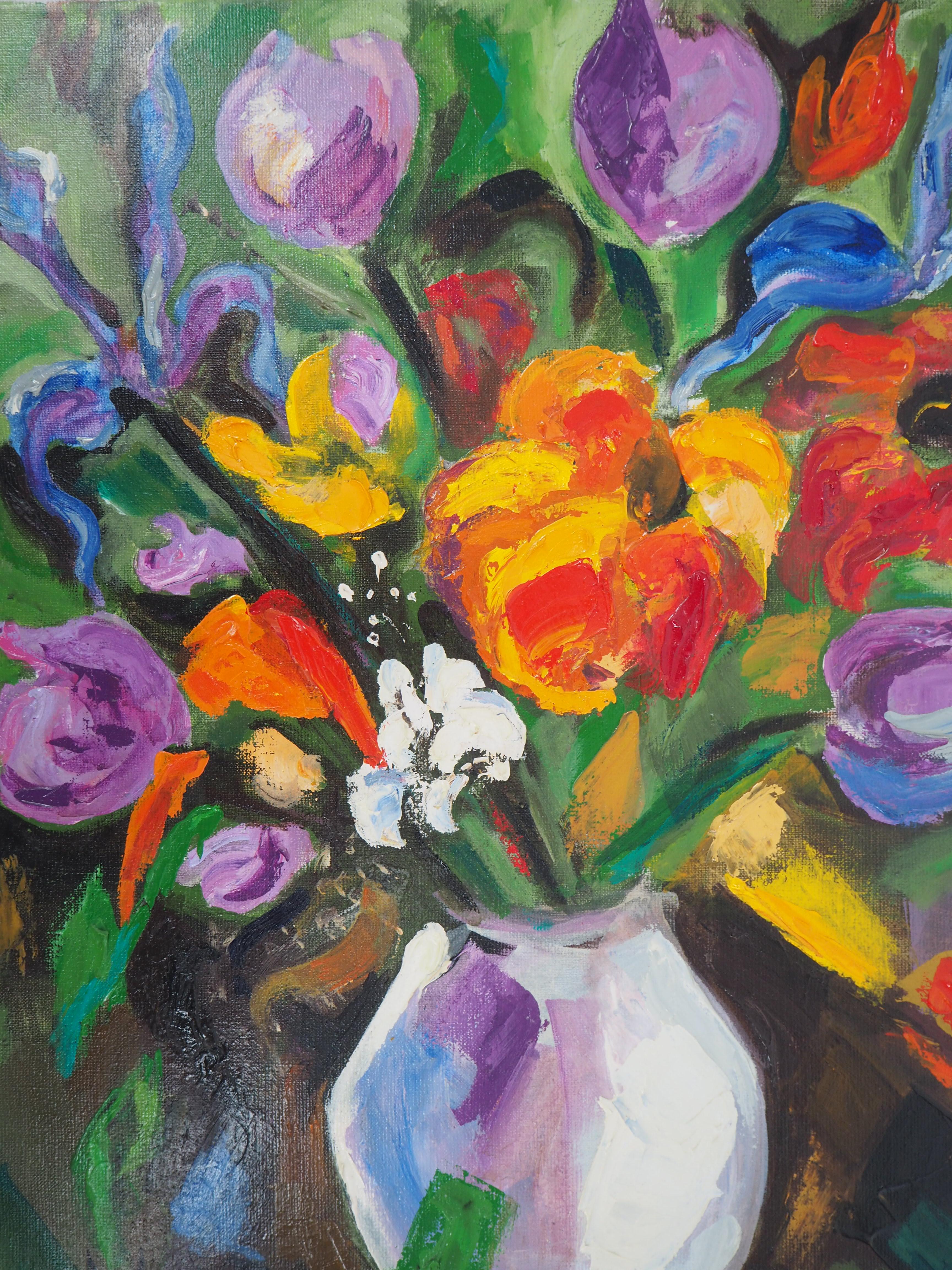 Bouquet of Tulips and Wild Flowers - Original Oil on Canvas, Signed - Painting by Pascal Ambrogiani