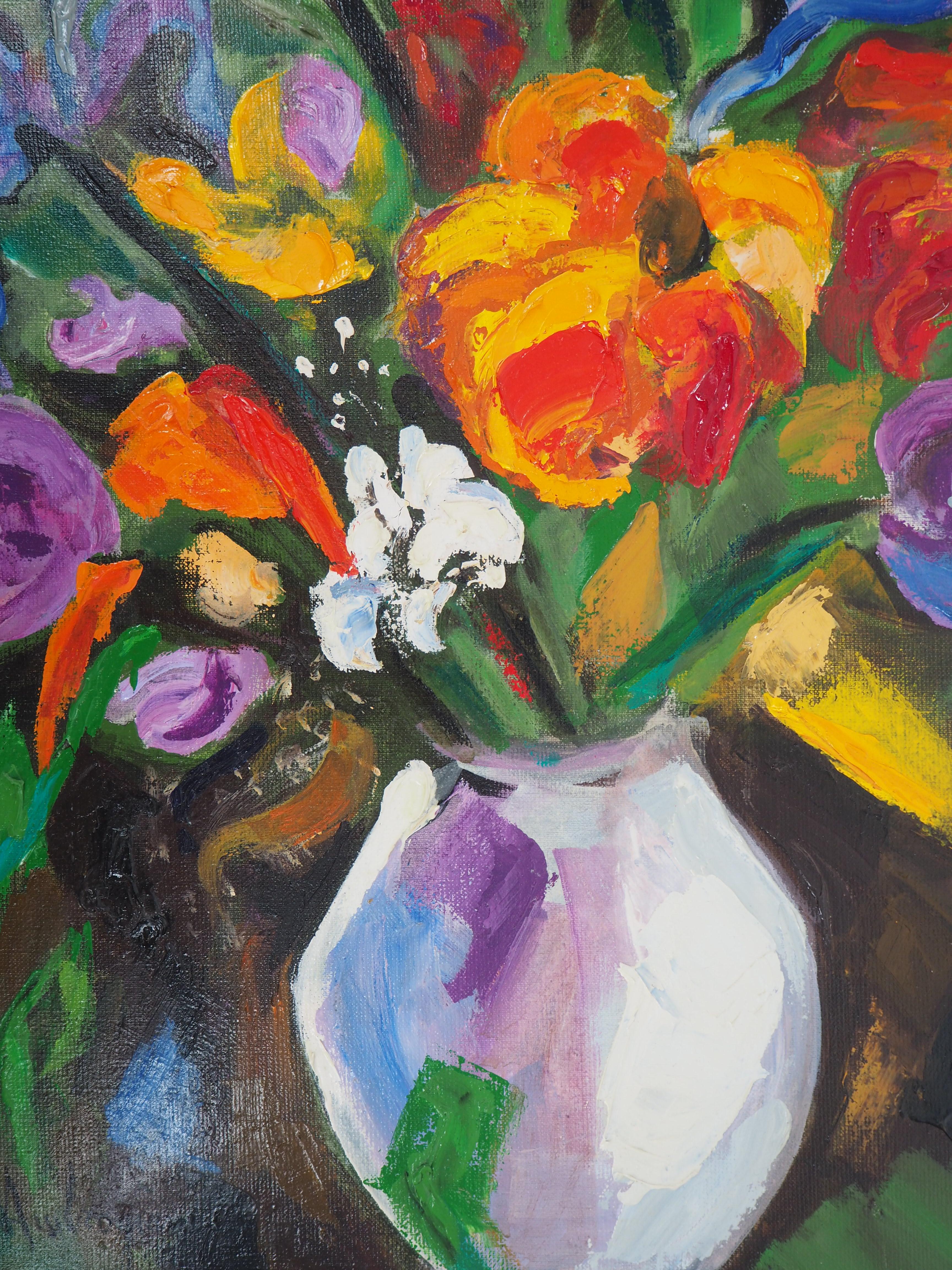 Bouquet of Tulips and Wild Flowers - Original Oil on Canvas, Signed - Modern Painting by Pascal Ambrogiani