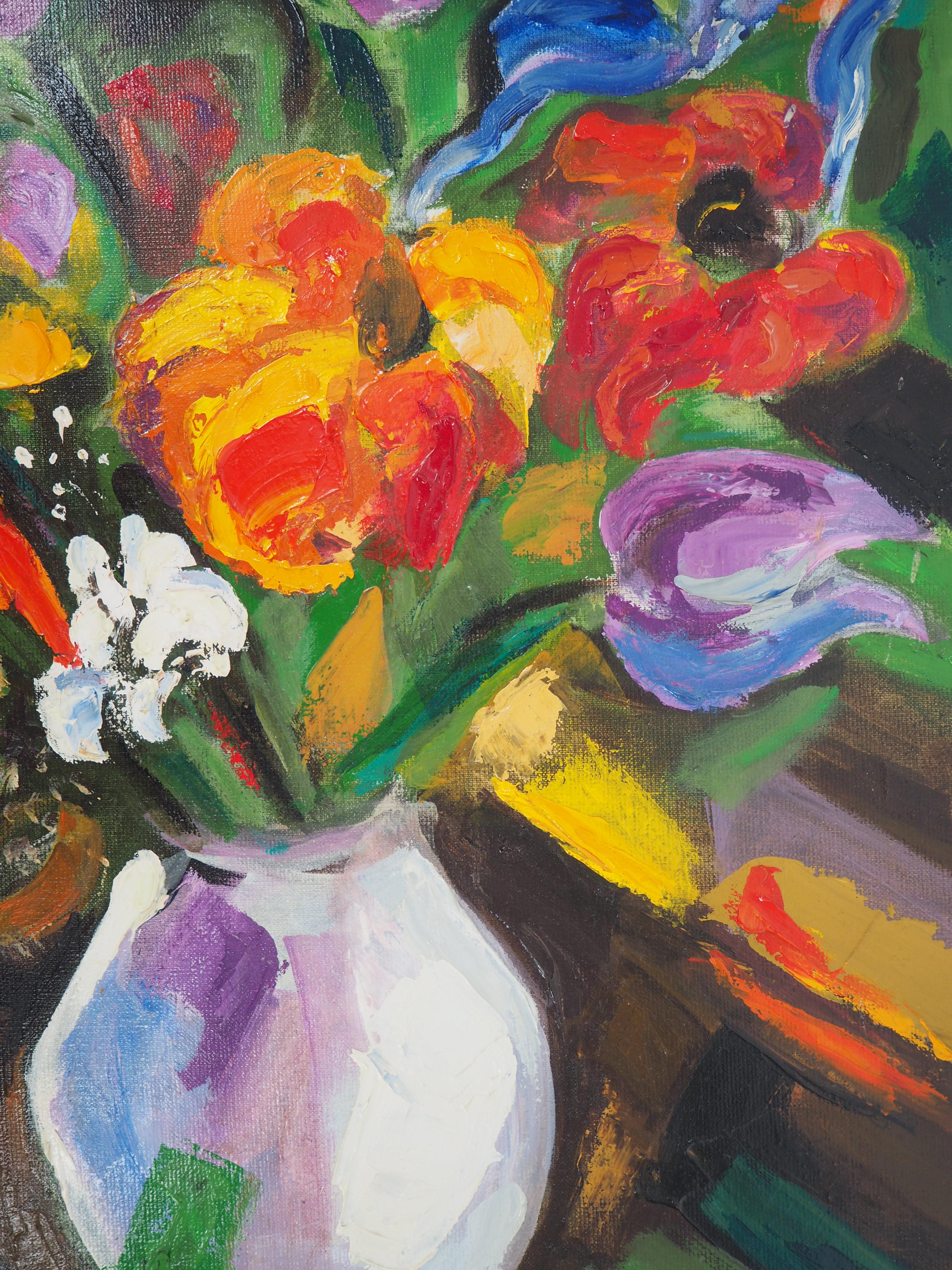 Bouquet of Tulips and Wild Flowers - Original Oil on Canvas, Signed For Sale 1