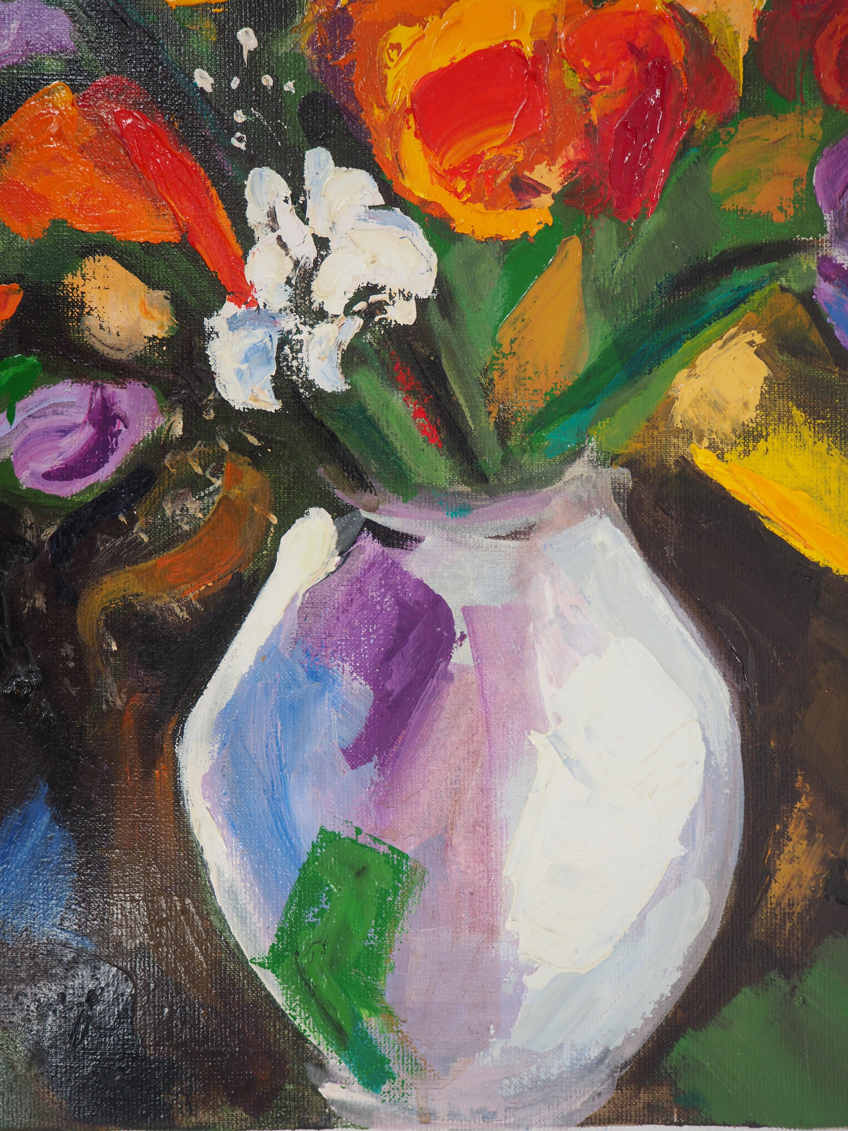 Bouquet of Tulips and Wild Flowers - Original Oil on Canvas, Signed For Sale 2