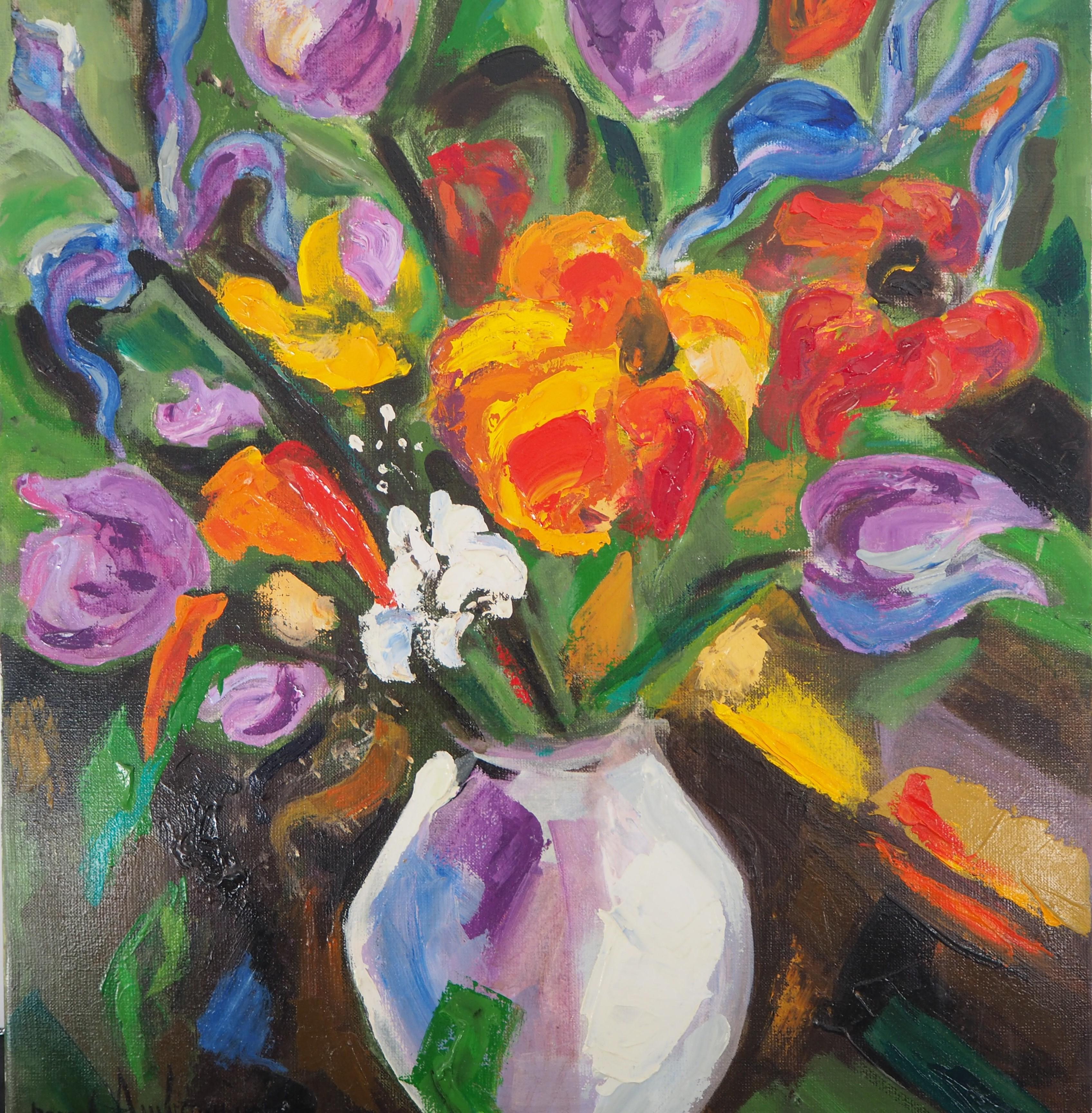 Bouquet of Tulips and Wild Flowers - Original Oil on Canvas, Signed For Sale 3