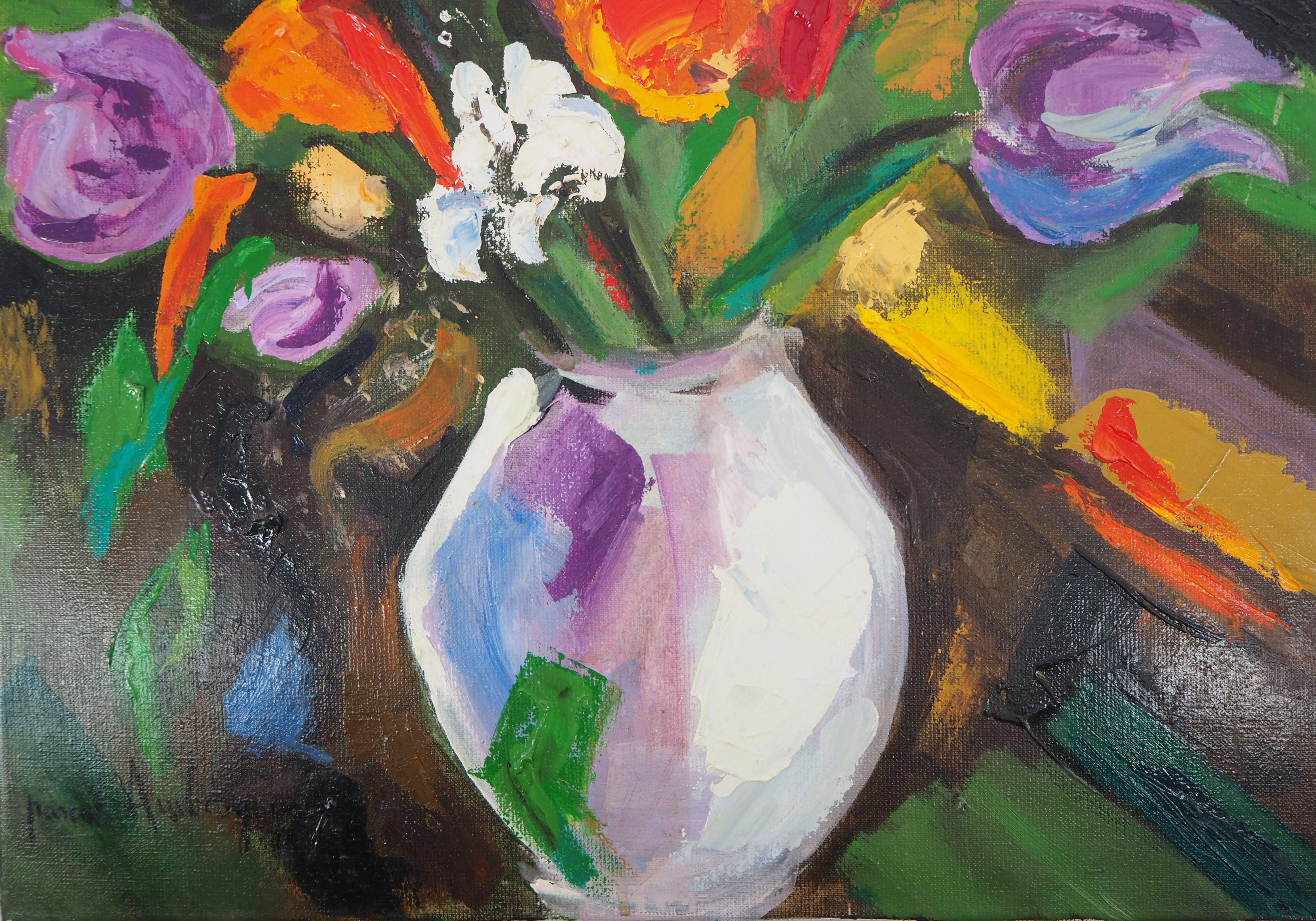 Bouquet of Tulips and Wild Flowers - Original Oil on Canvas, Signed For Sale 4