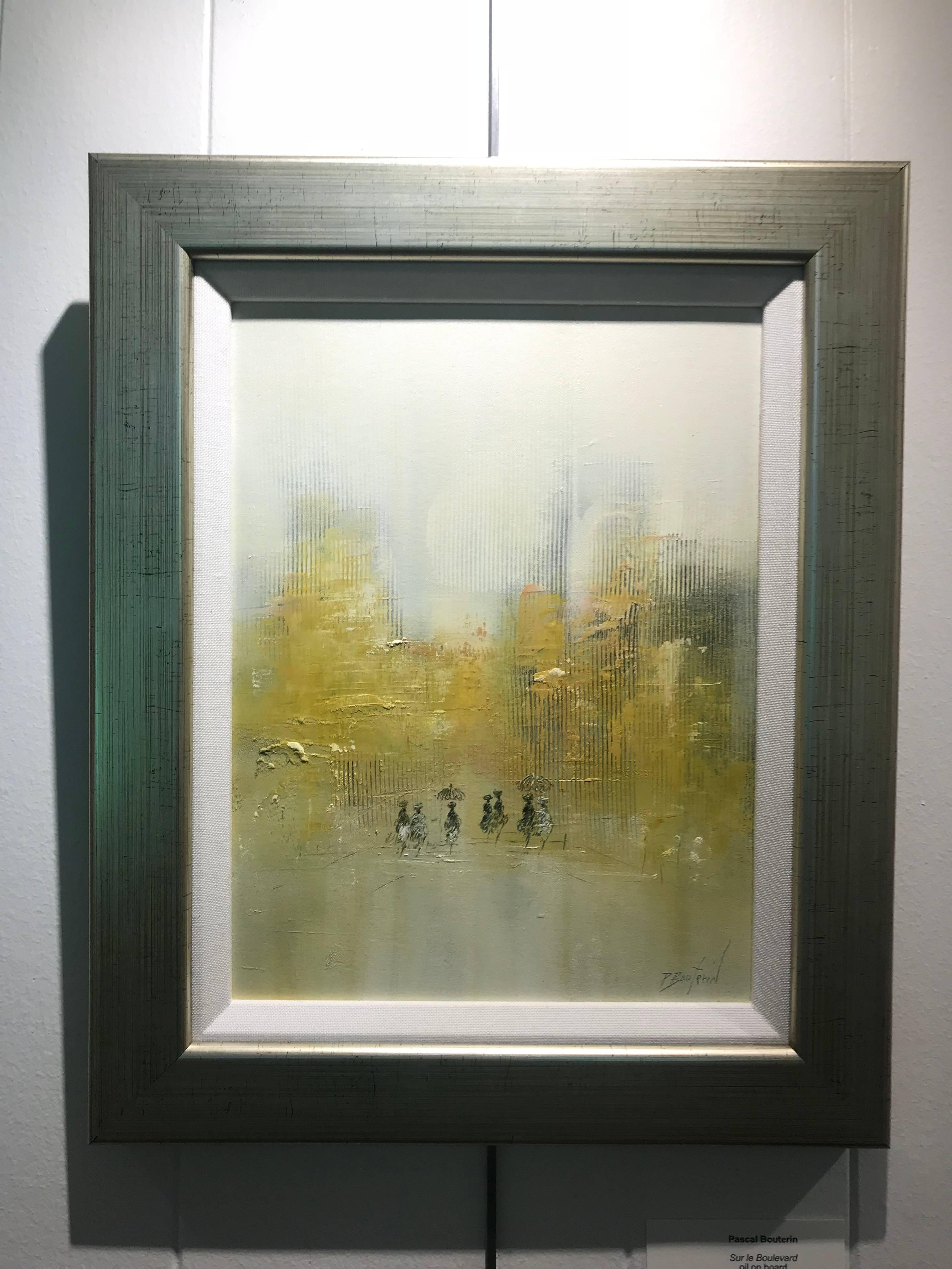 'Sur le Boulevard' is a framed abstract Impressionist oil on board painting created by French artist Pascal Bouterin in 2018. Marked by his style, which is so unmistakably recognizable, this painting features a group of ladies dressed in the manner