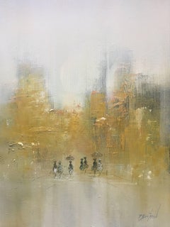 Sur le Boulevard, Framed Oil on Board Abstract Impressionist Painting