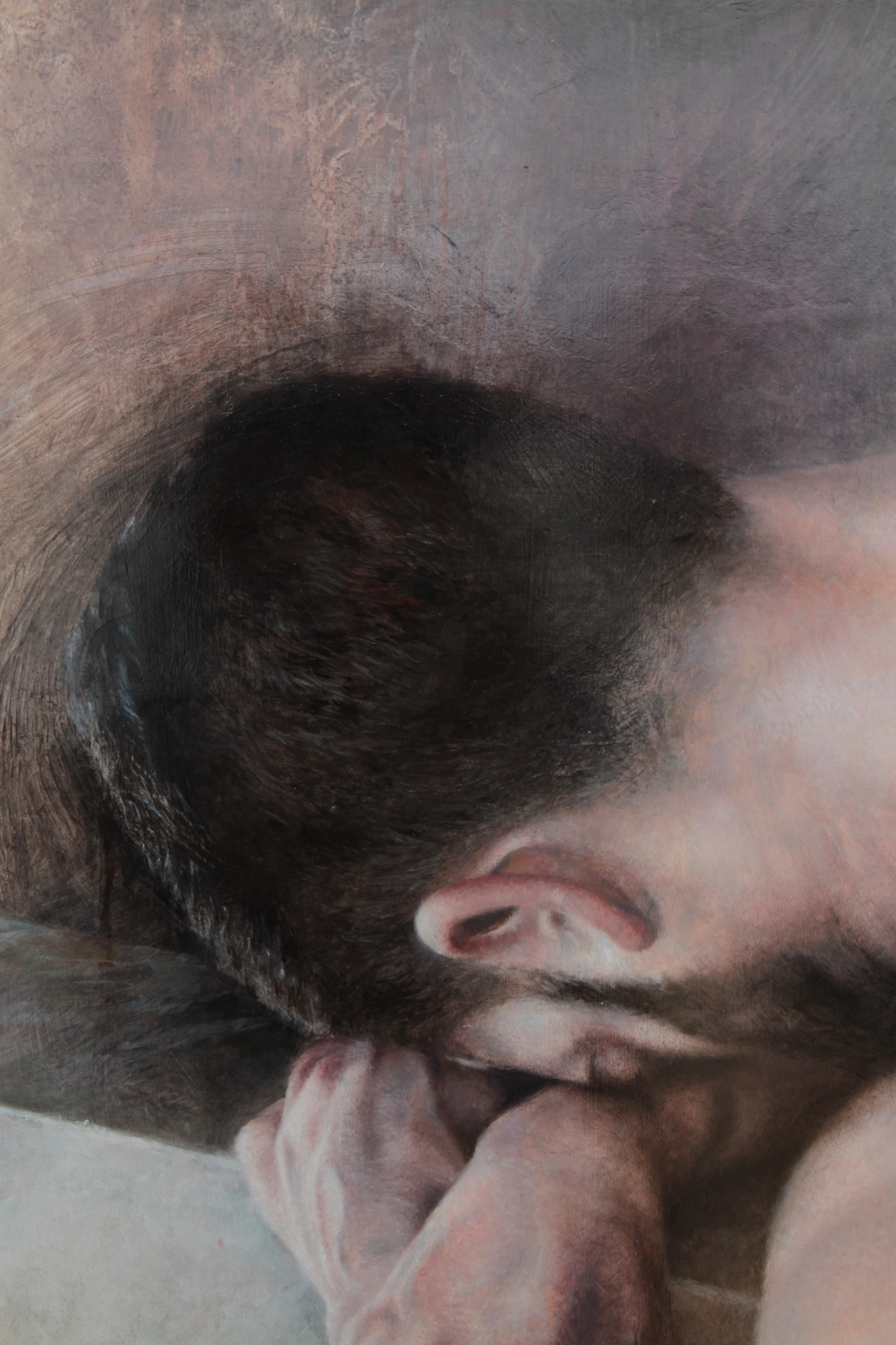 „Get up and paint“ Ölgemälde auf Leinwand, 100x100 cm (Grau), Portrait Painting, von Pascal Chôve