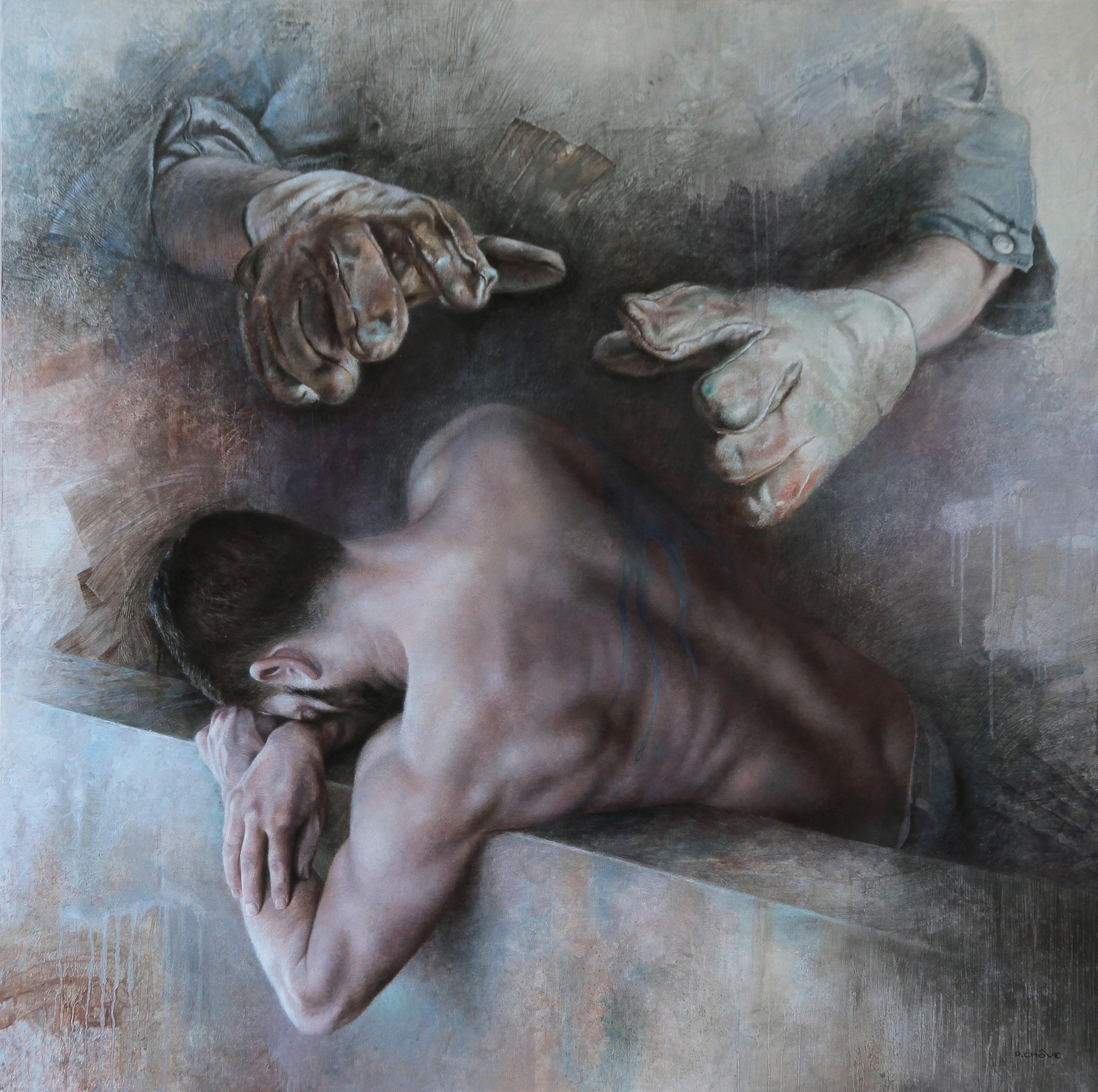 Pascal Chôve Portrait Painting – „Get up and paint“ Ölgemälde auf Leinwand, 100x100 cm
